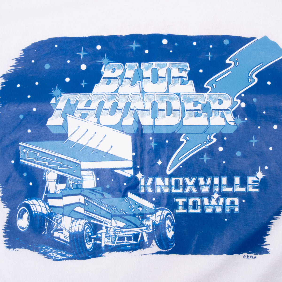 Back print detail with Blue Thunder, Knoxville Iowa, lightning bolt and blue sprint car