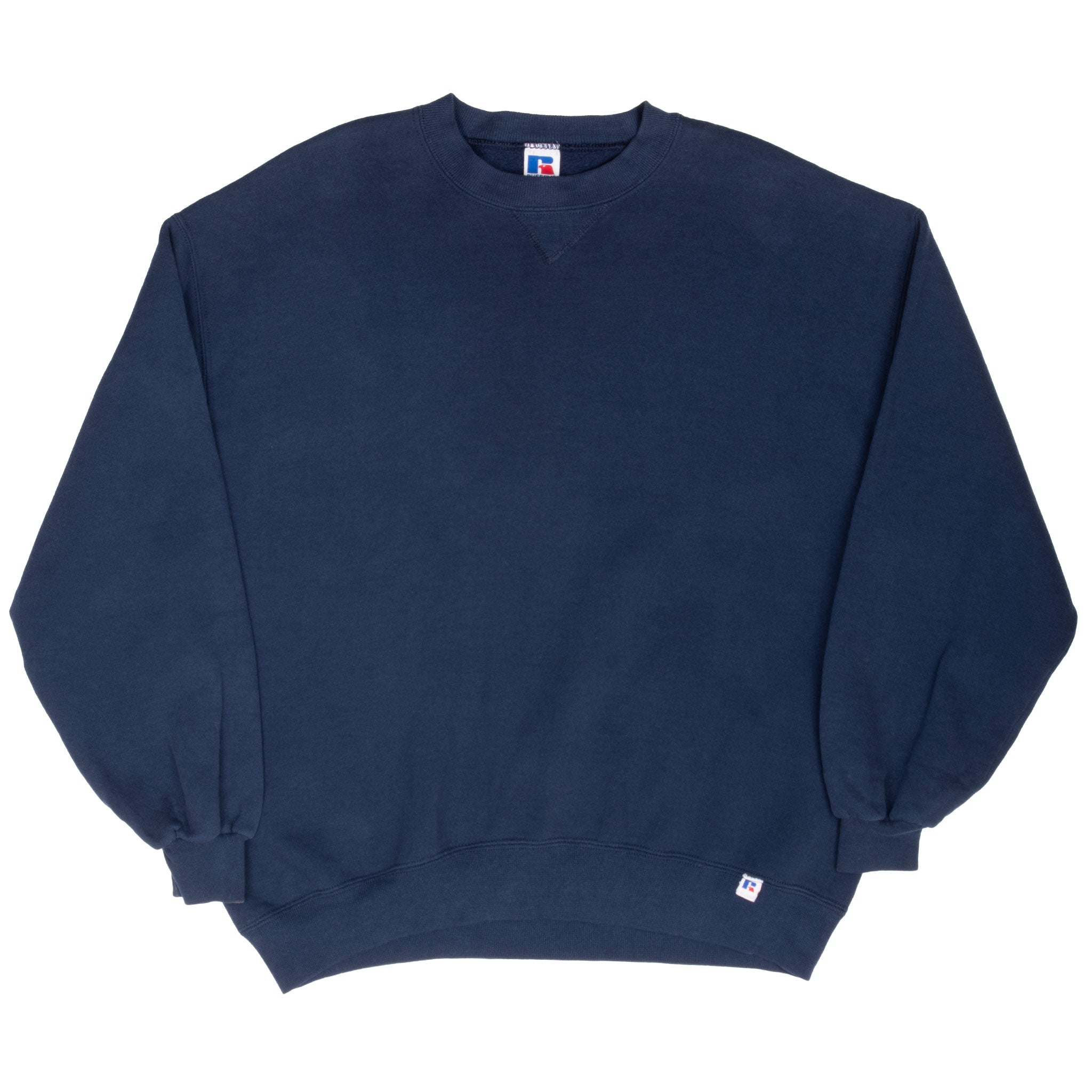 Front view of navy Russell Athletic crewneck sweatshirt with ribbed cuffs and hem