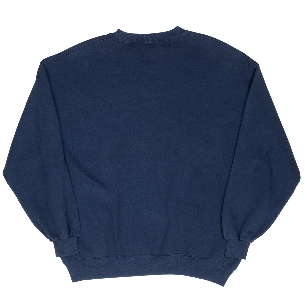 Back view of navy Russell Athletic crewneck sweatshirt with ribbed cuffs and hem