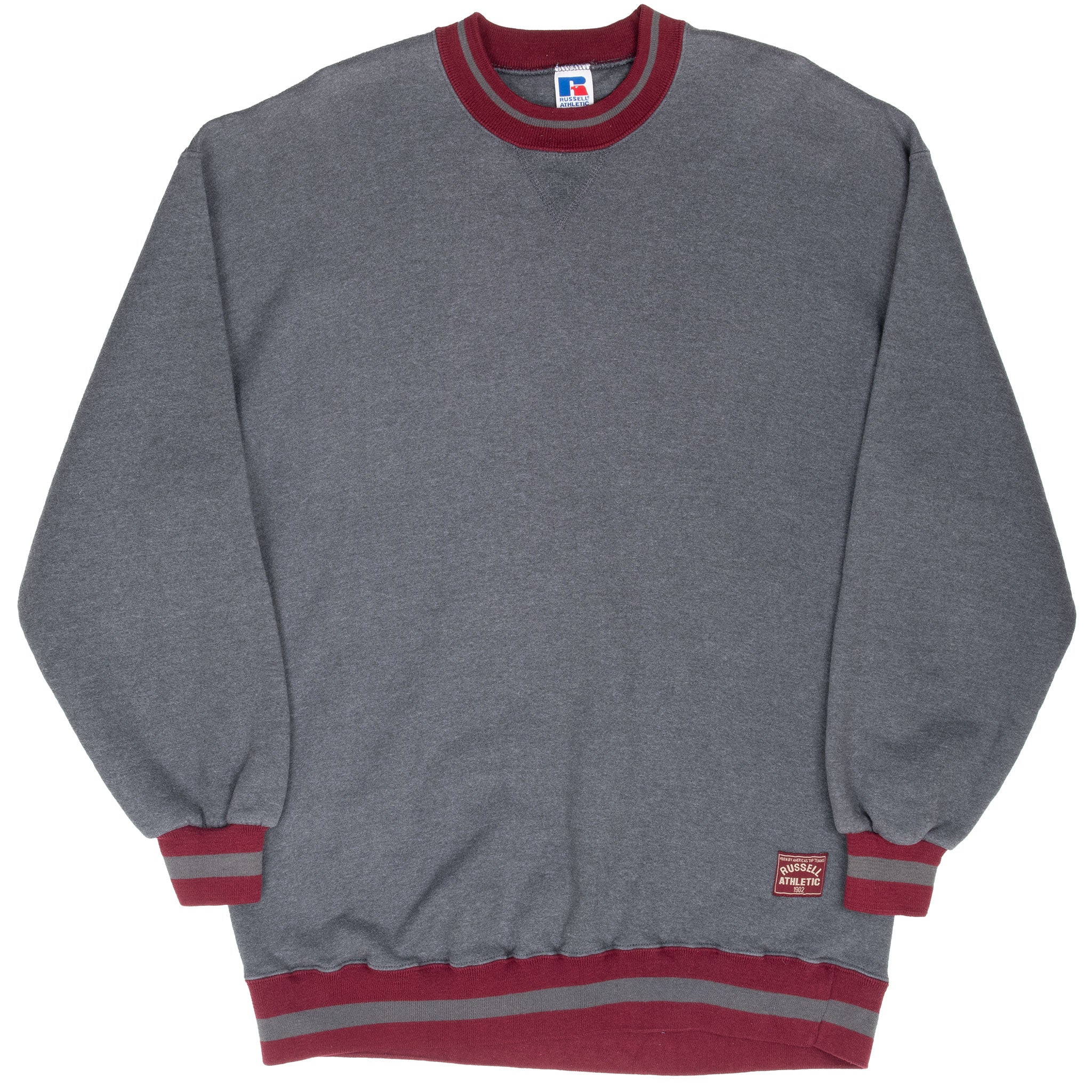 Full front view of dark grey Russell Athletic sweatshirt with burgundy trim