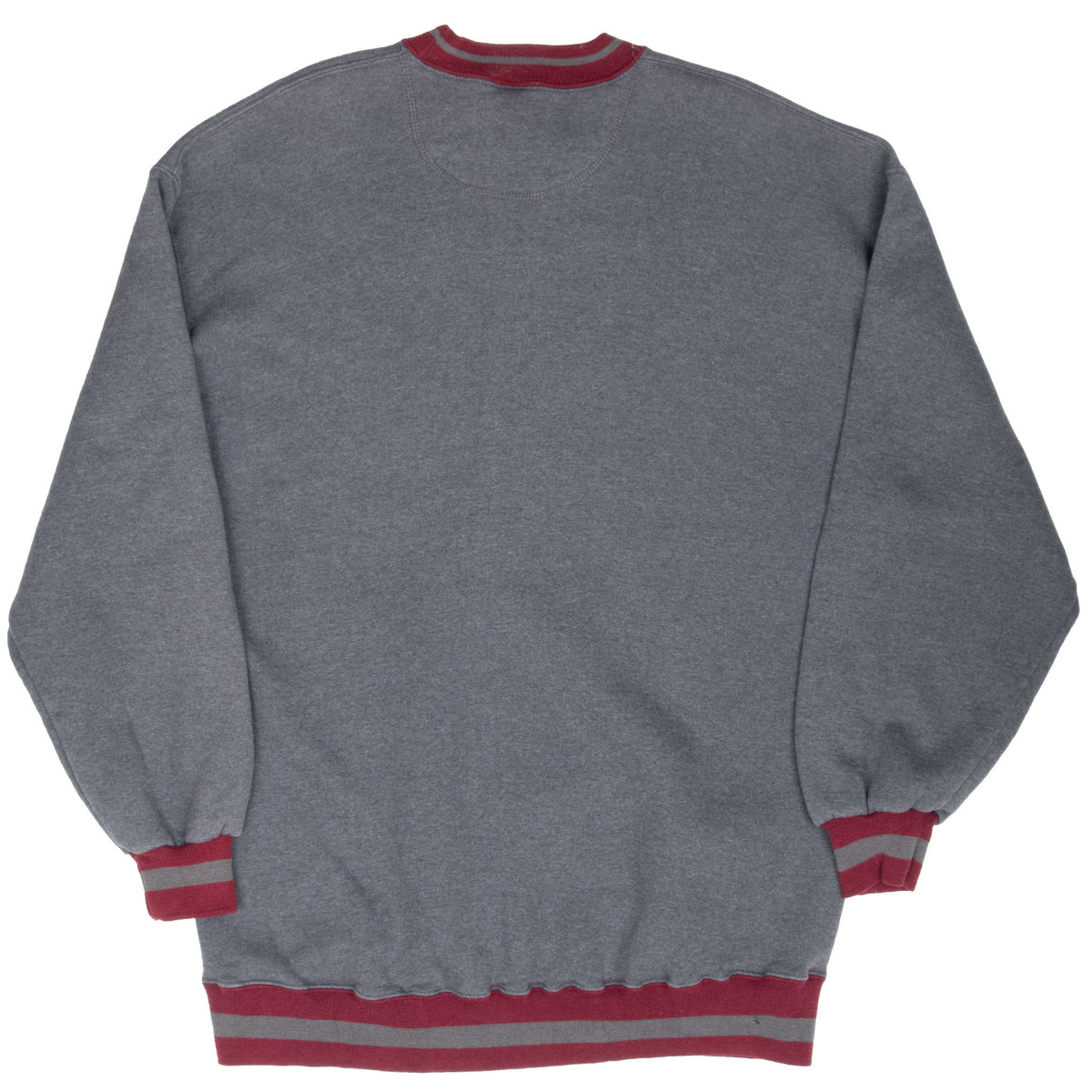 Back of dark grey Russell Athletic sweatshirt with burgundy striped trim