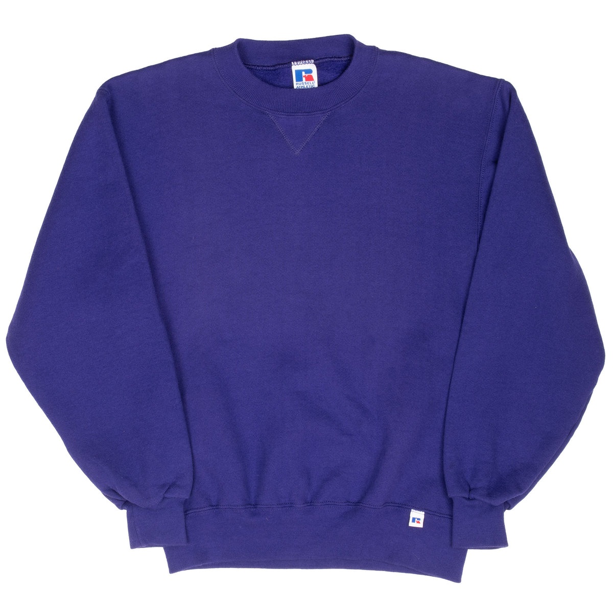 Full front view of blank purple Russell Athletic crewneck sweatshirt