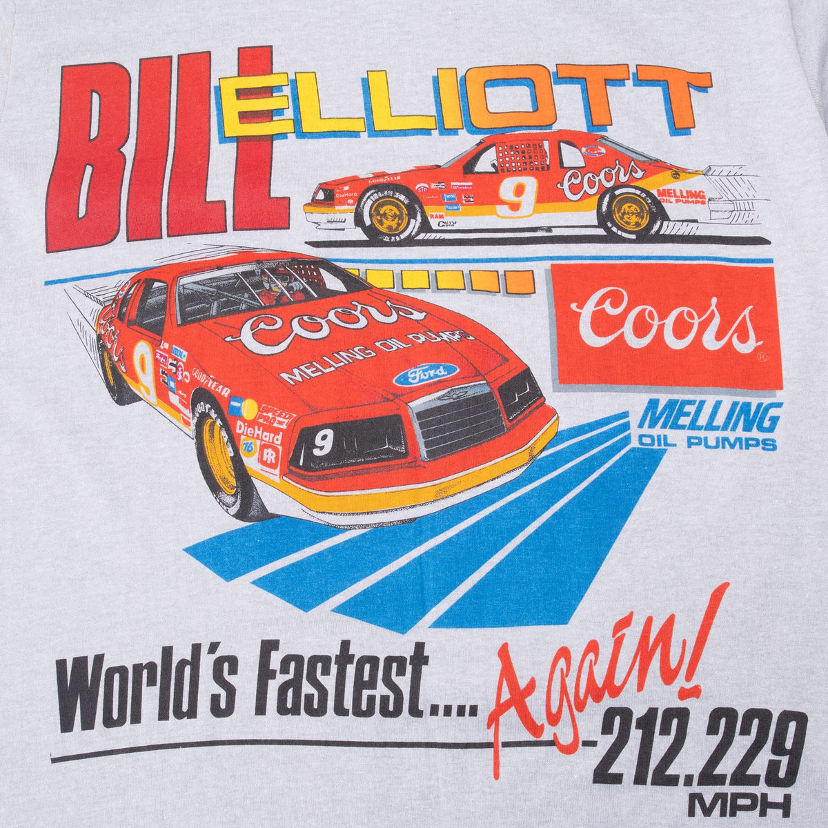 Close-up of Bill Elliott graphic with red No. 9 Coors cars, Melling branding and 212.229 MPH text