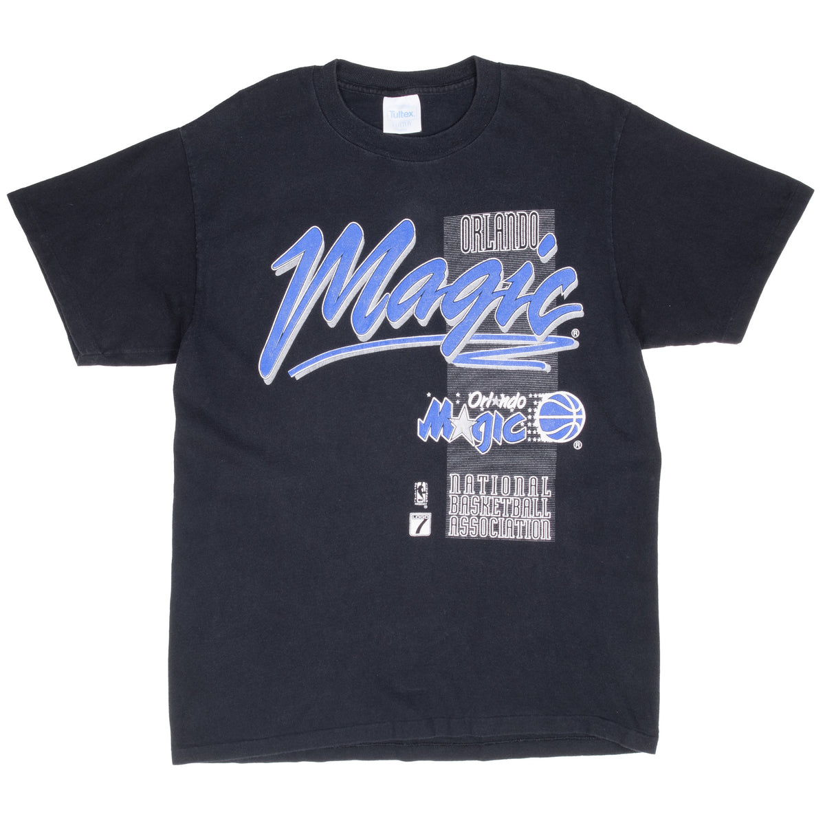 Full front view of black Orlando Magic NBA T-shirt with blue and white graphic