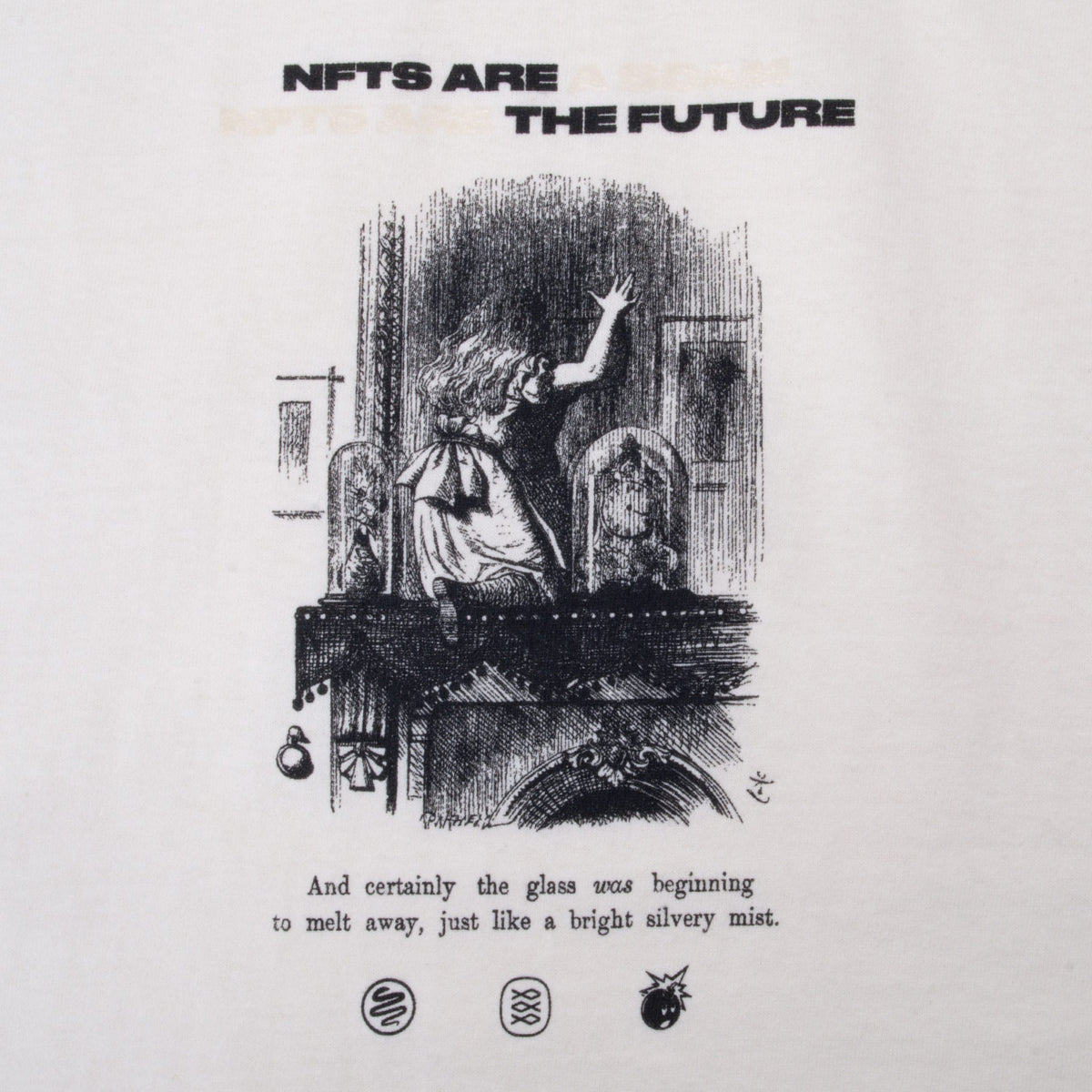 Close-up of black “NFTs Are the Future” storybook-style front print and three symbols
