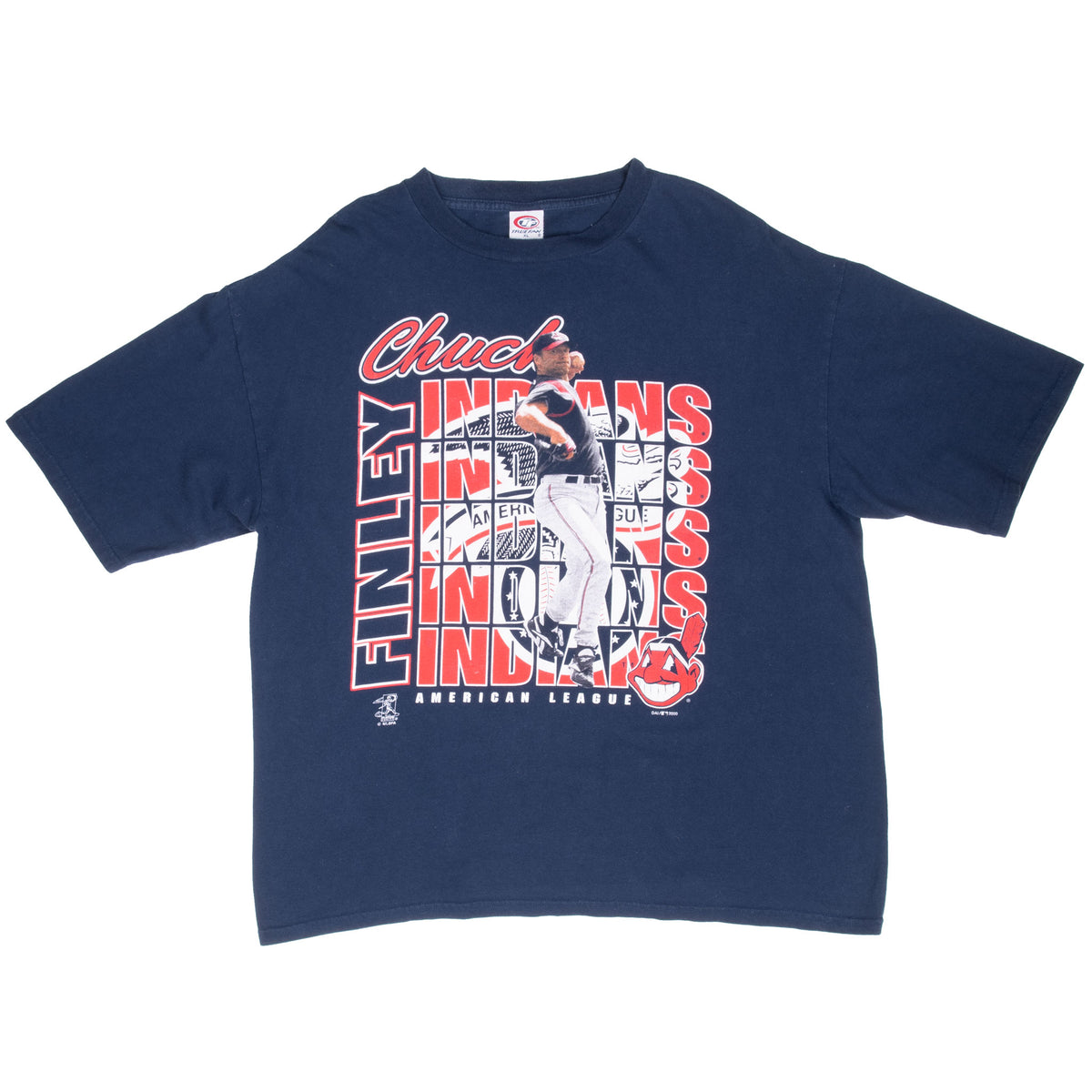 Front of navy Cleveland Indians Chuck Finley graphic T-shirt