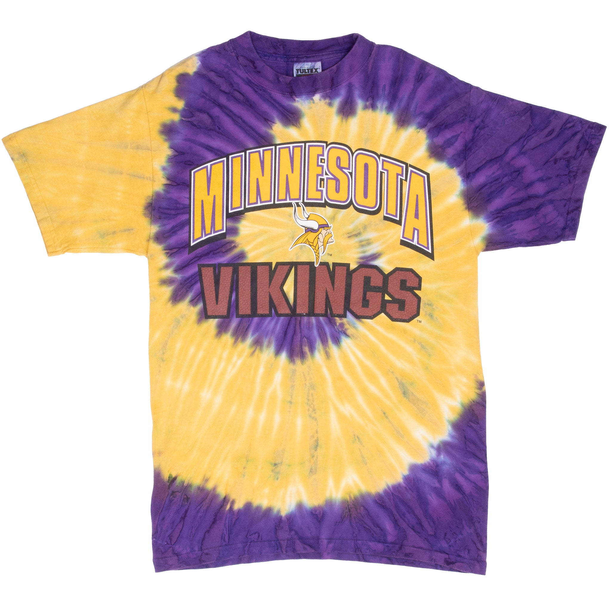 Full front of Minnesota Vikings tee with purple and yellow tie-dye and team logo graphic