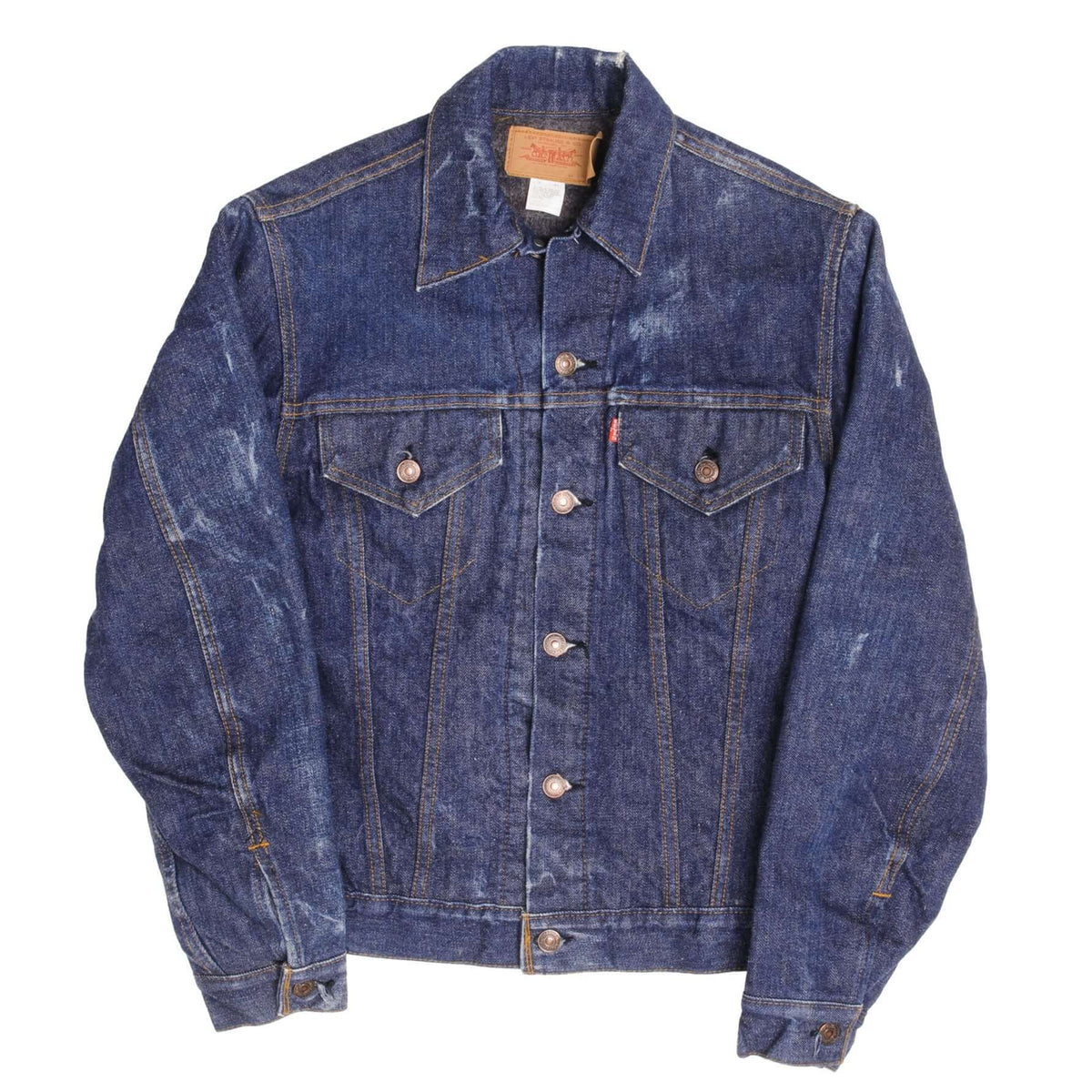 Full front view of dark blue Levi's Type 3 jacket with two flap chest pockets