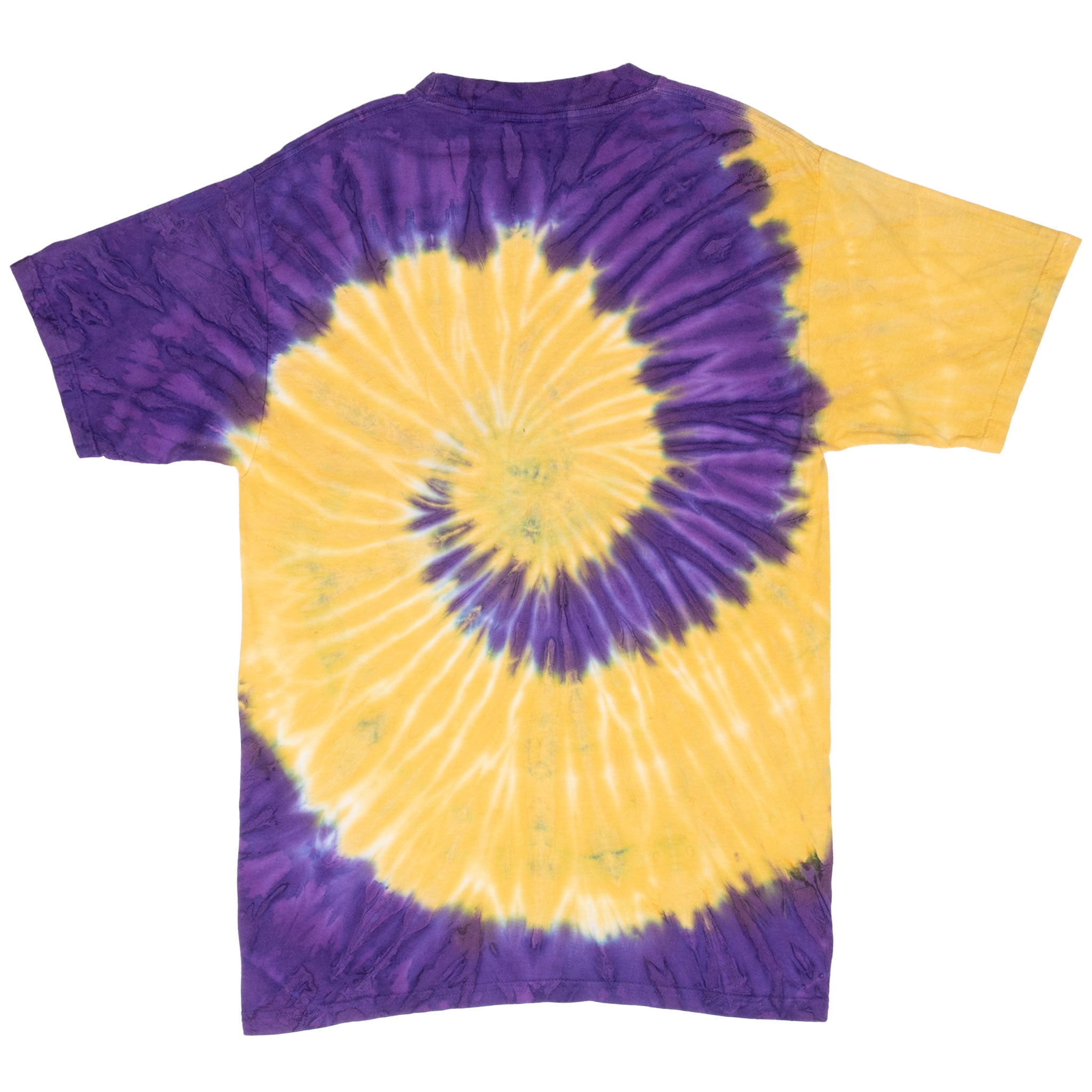 Back of Minnesota Vikings tee with purple and yellow spiral tie-dye pattern