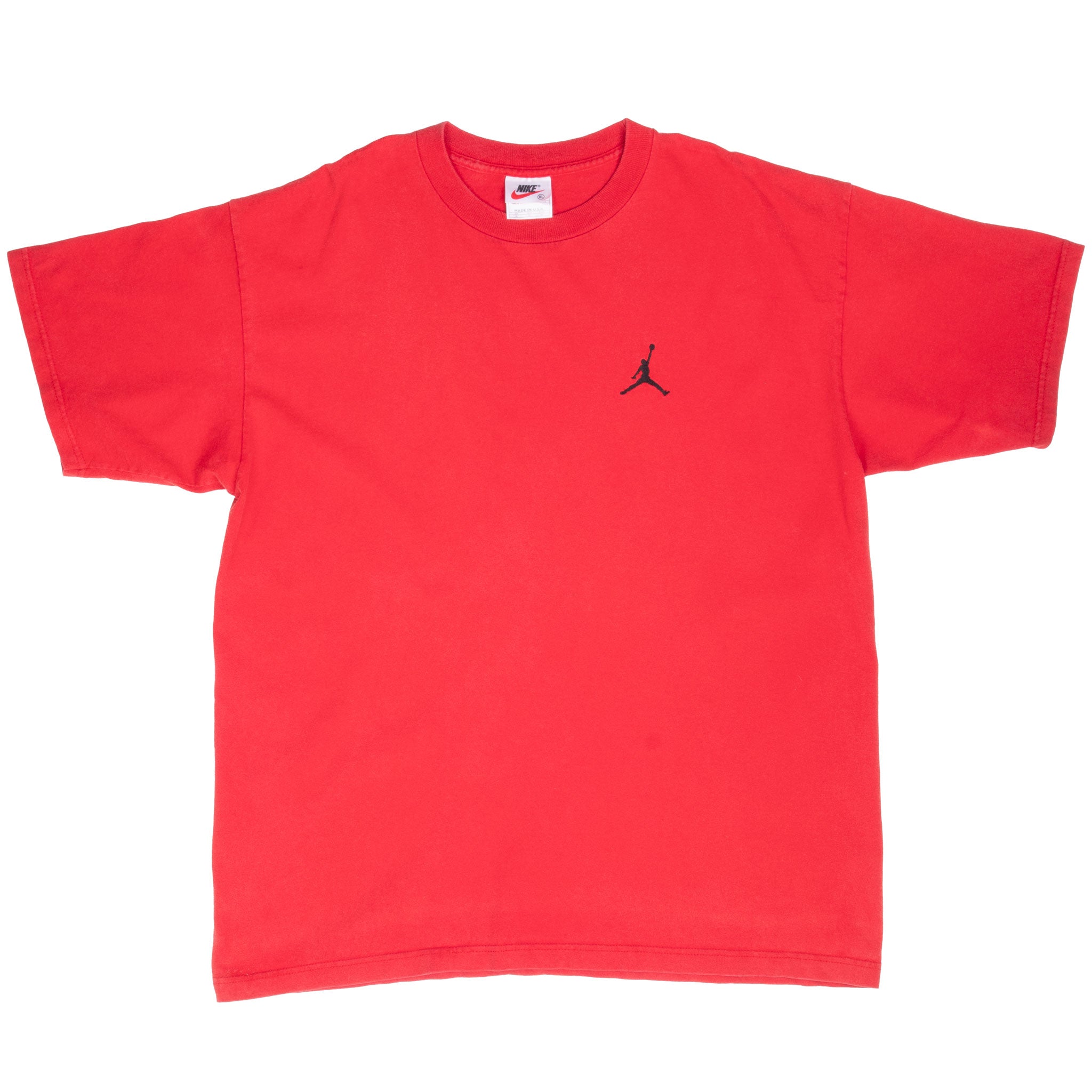Full front view of red Nike Air Jordan T-shirt with black Jumpman logo