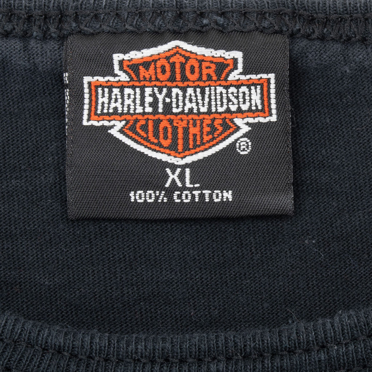 Harley-Davidson Motor Clothes neck tag marked XL and 100% cotton