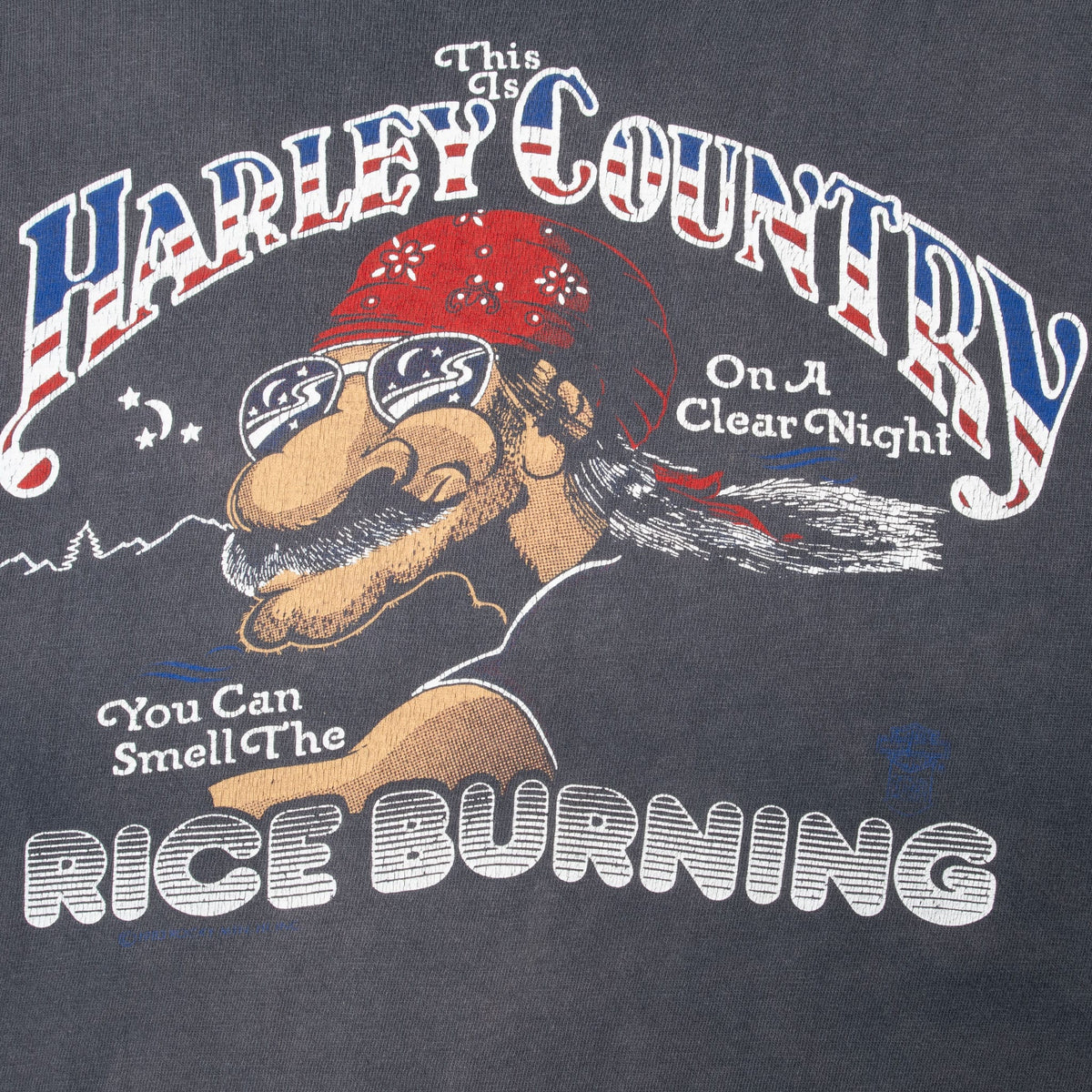 Front print detail with bandana-wearing biker and Harley Country and Rice Burning lettering