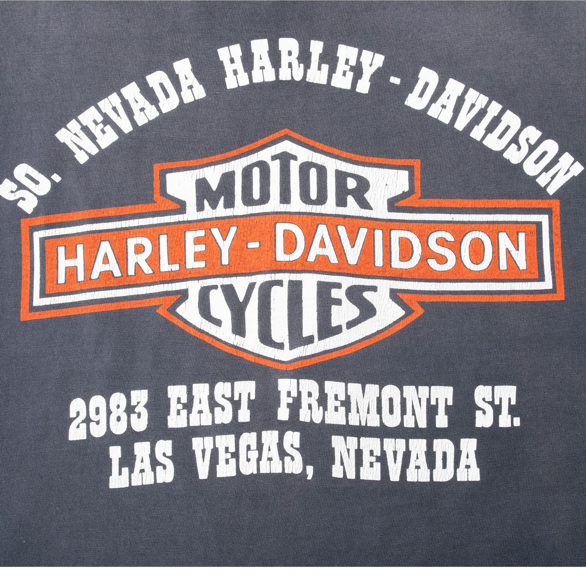 Back print detail with Harley-Davidson shield, Las Vegas lettering and East Fremont Street address