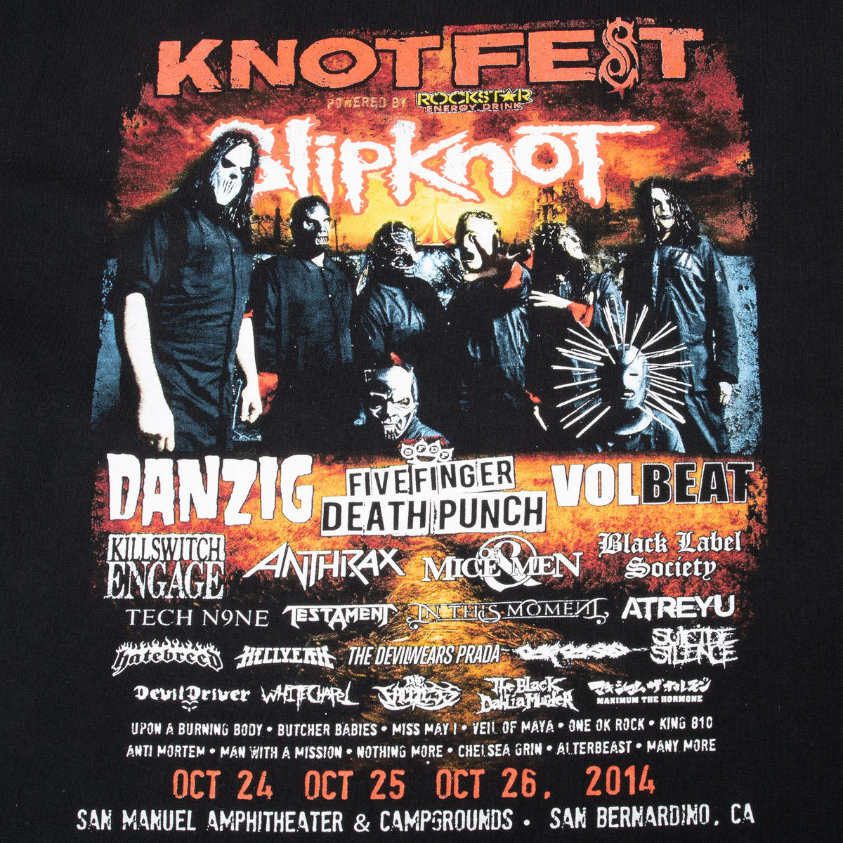 Back print detail with Slipknot band image, Knotfest lineup, dates, and San Bernardino location