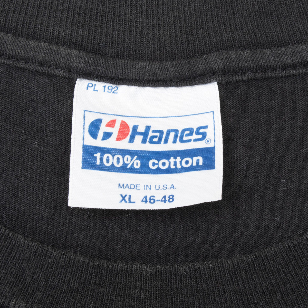 Hanes neck tag marked 100% cotton, made in USA and XL 46-48