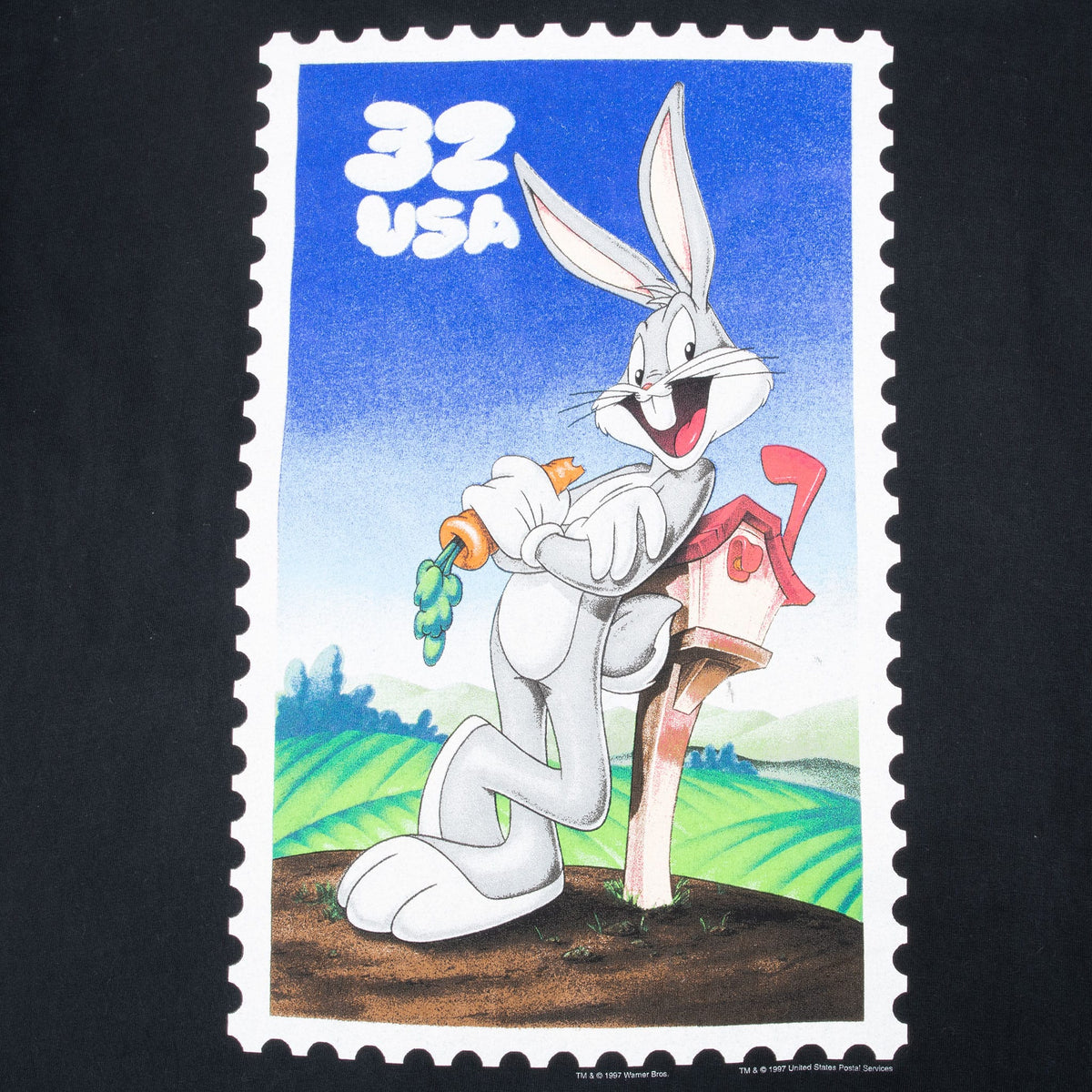 Close-up of Bugs Bunny beside a mailbox in a 32 USA postage stamp graphic