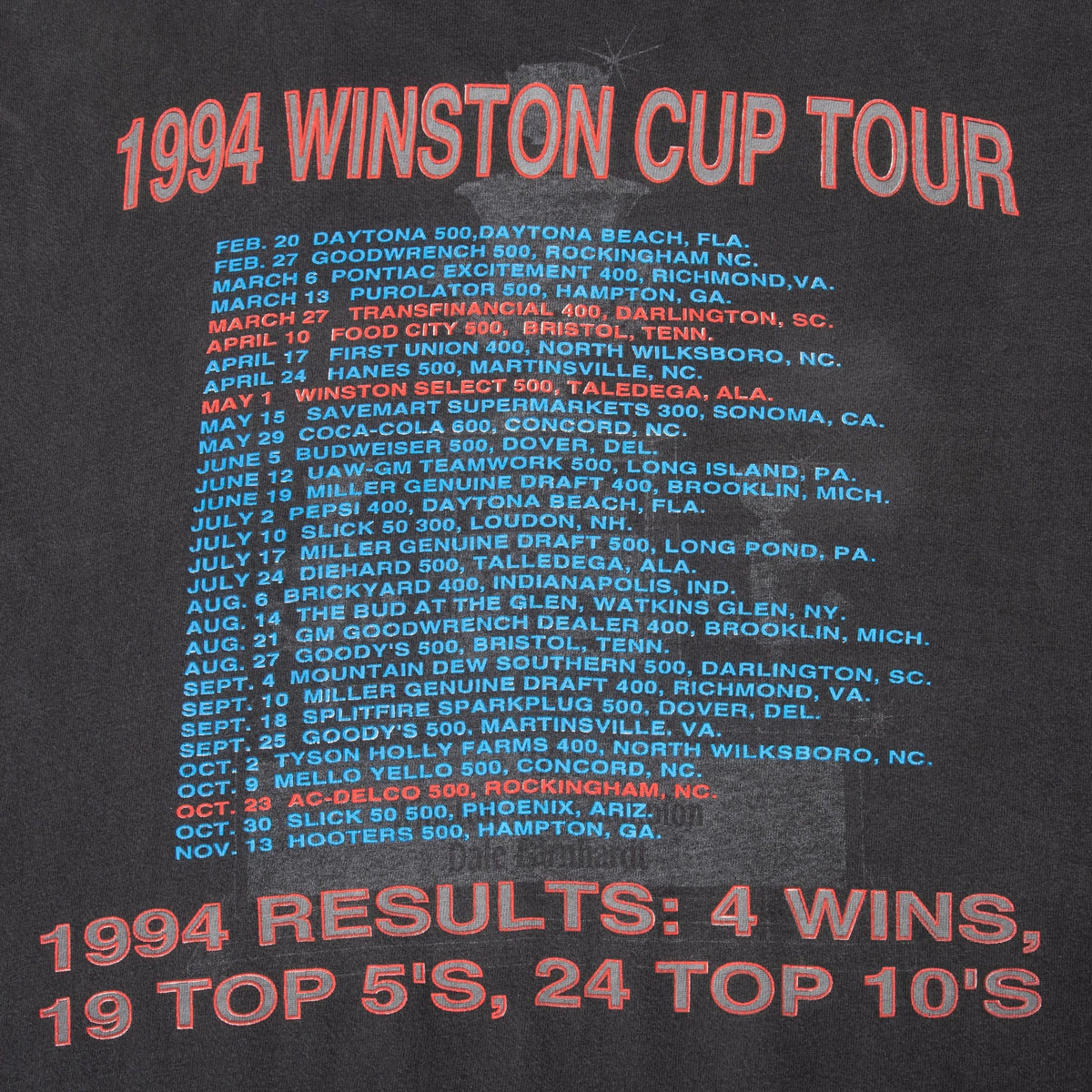 Close-up of back print listing the 1994 Winston Cup Tour schedule and season results