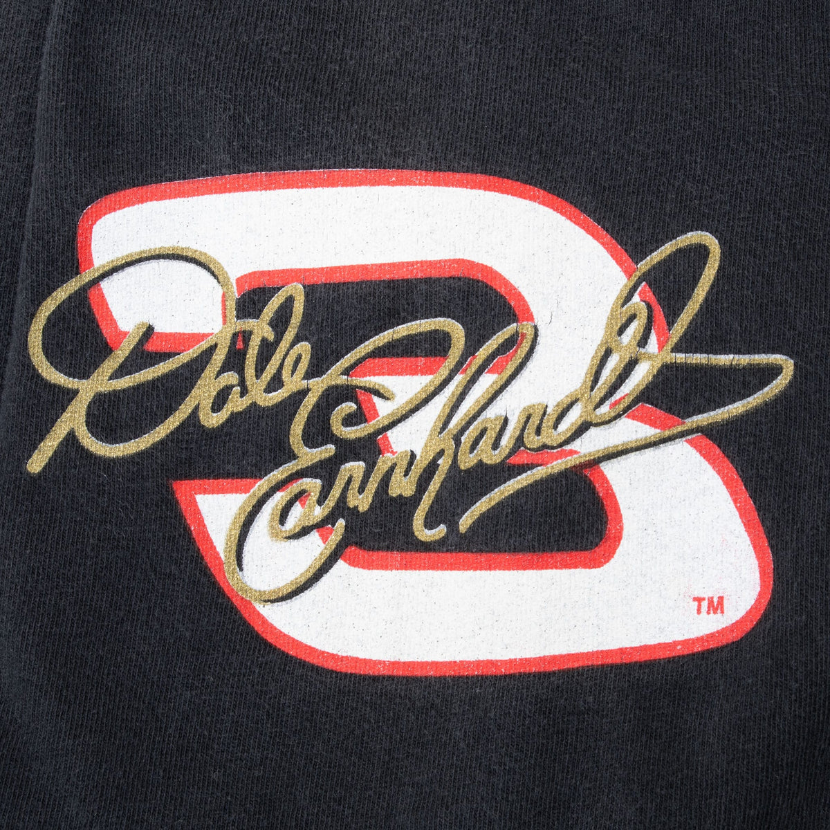Close-up of Dale Earnhardt signature graphic over a white and red No. 3 sleeve print