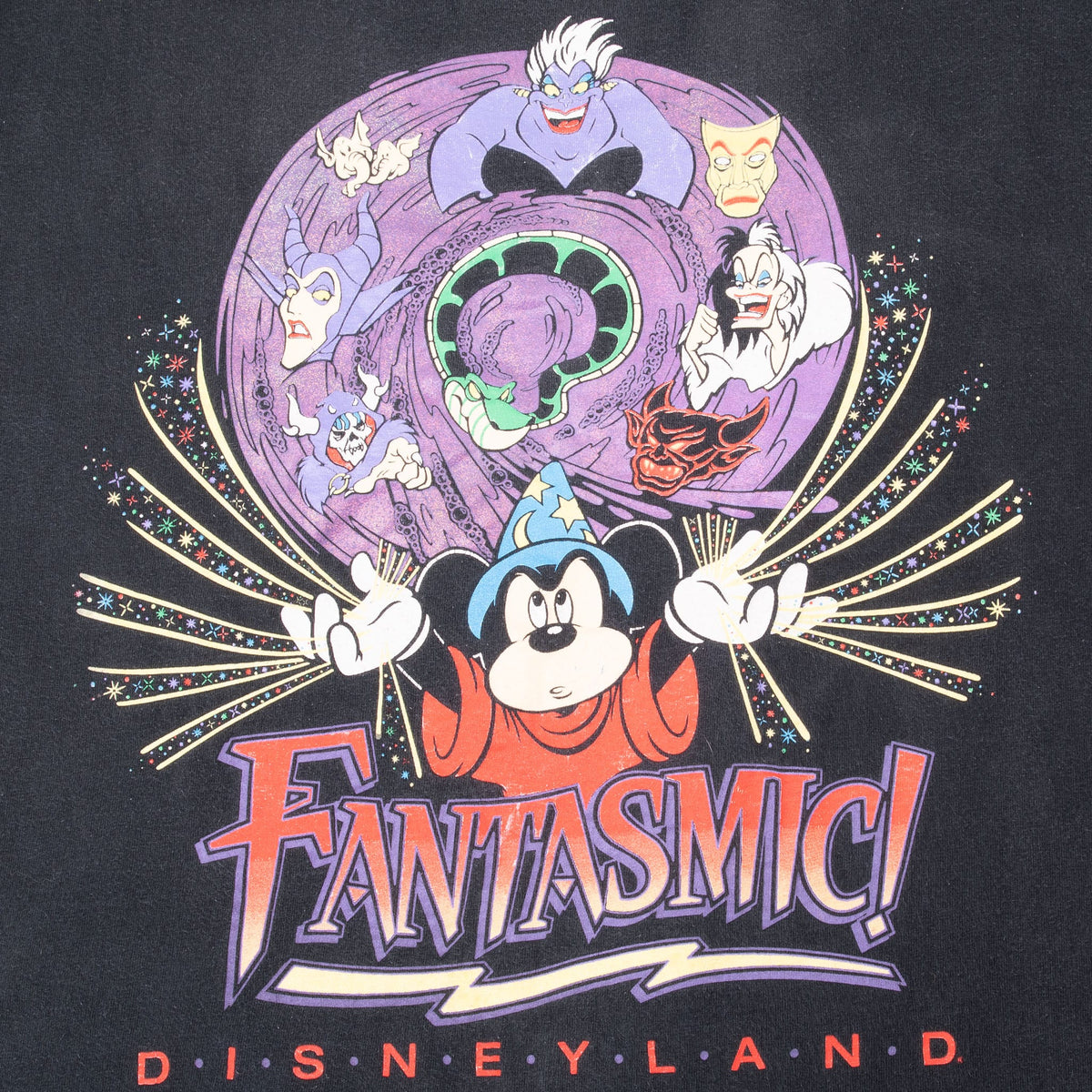 Fantasmic! graphic detail with Sorcerer Mickey, Ursula, Maleficent, Cruella de Vil and Disneyland text