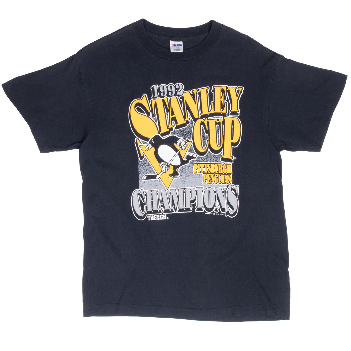 Front of black Pittsburgh Penguins 1992 Stanley Cup Champions T-shirt