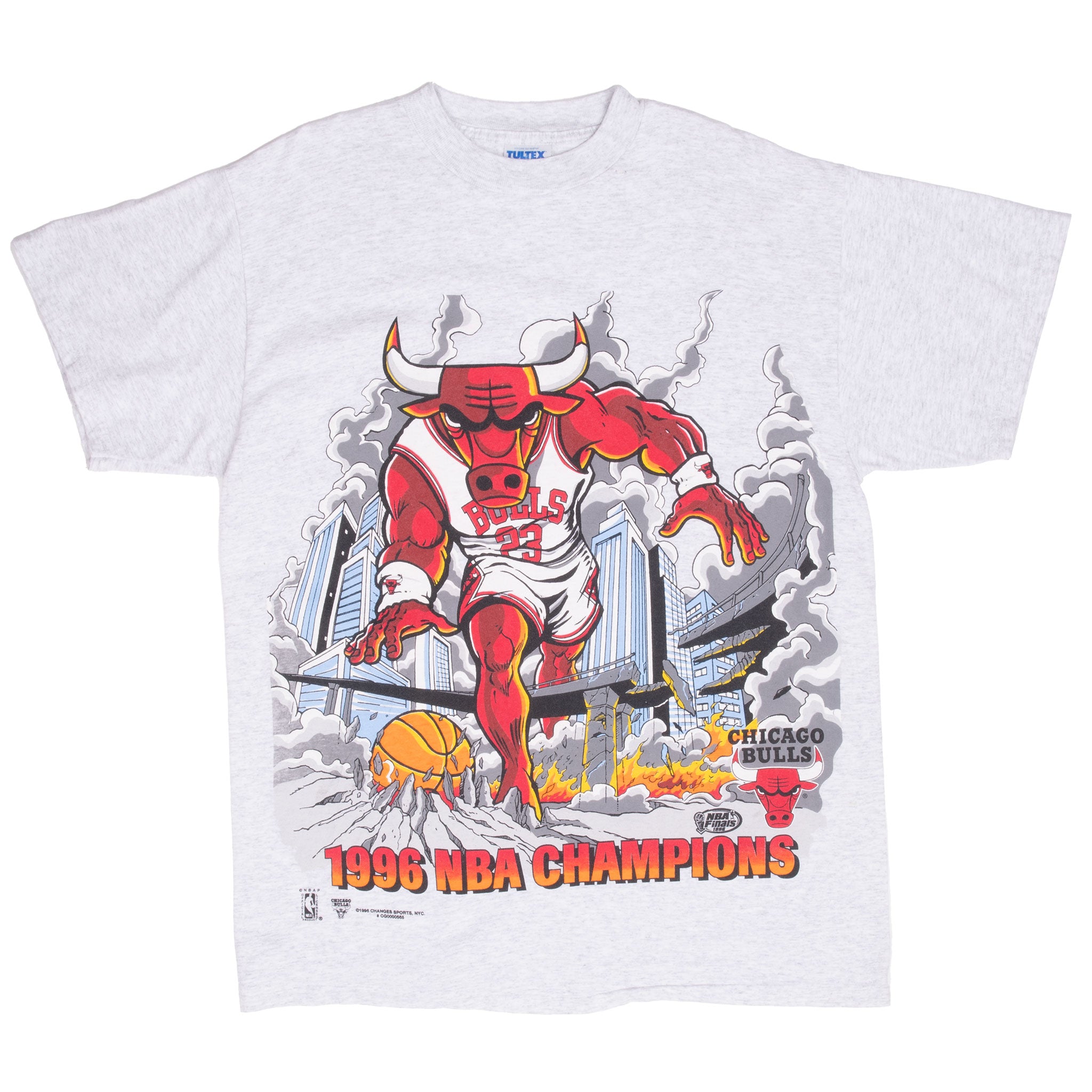 Full front view of gray Chicago Bulls 1996 NBA Champions graphic T-shirt