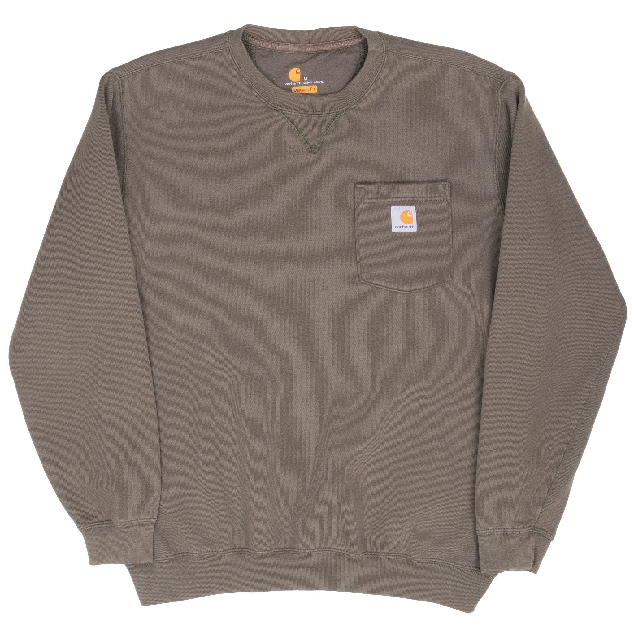 Full front view of olive green Carhartt pocket crewneck sweatshirt