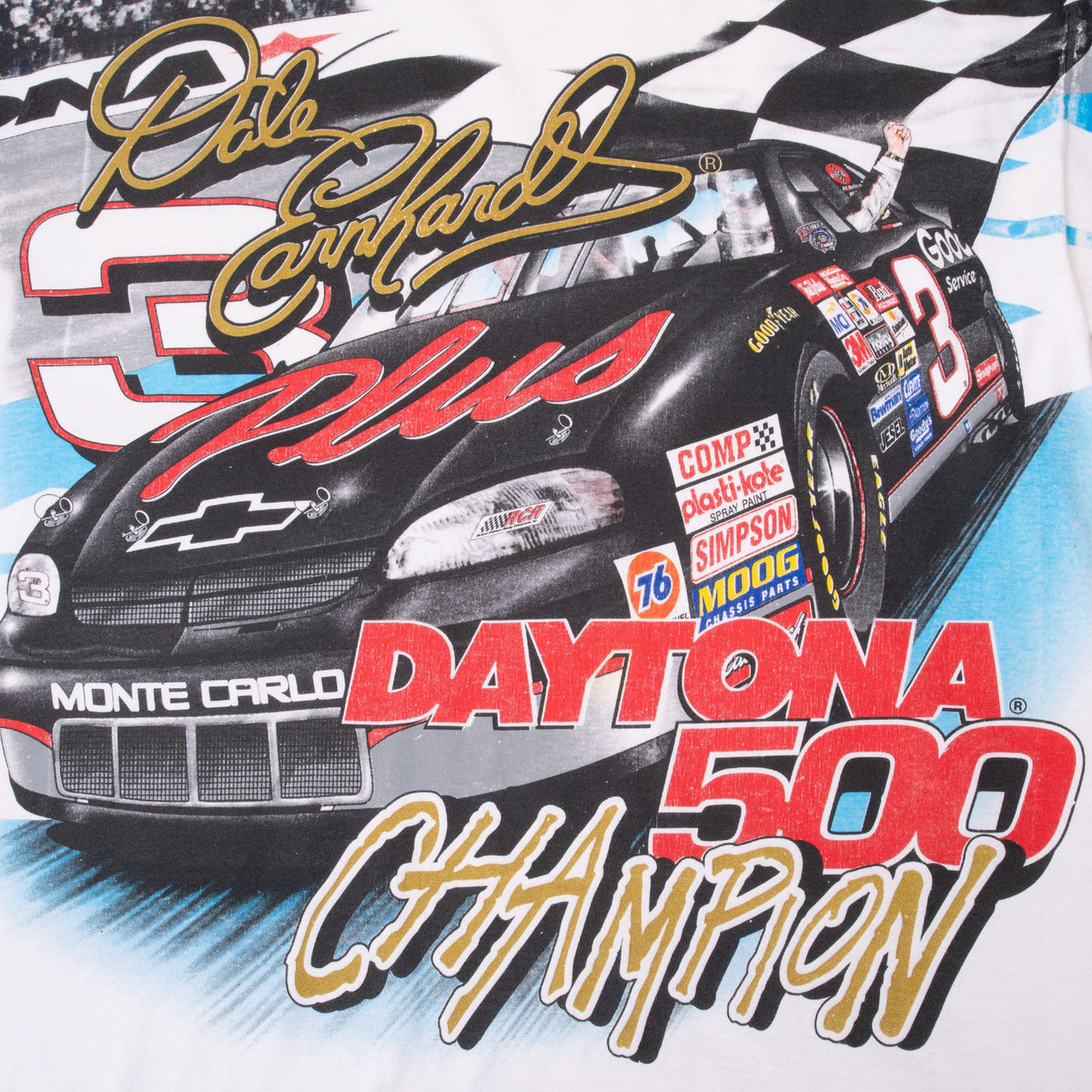 Front print detail with Dale Earnhardt signature, black No. 3 car and Daytona 500 Champion text