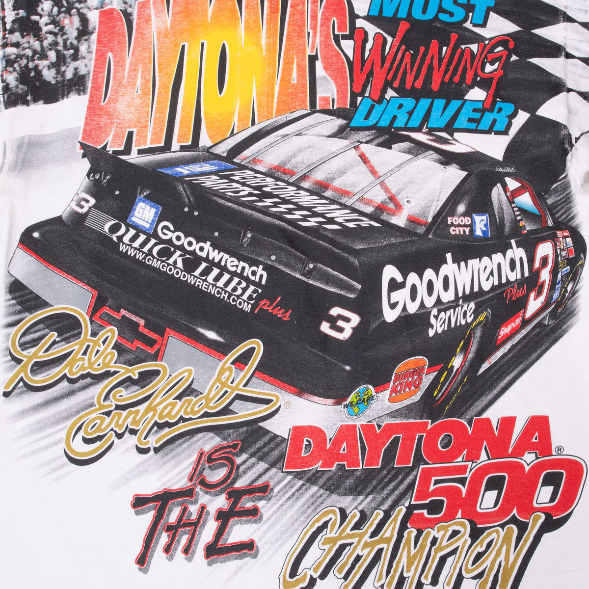 Back print detail with Dale Earnhardt No. 3 car and Daytona's Most Winning Driver lettering