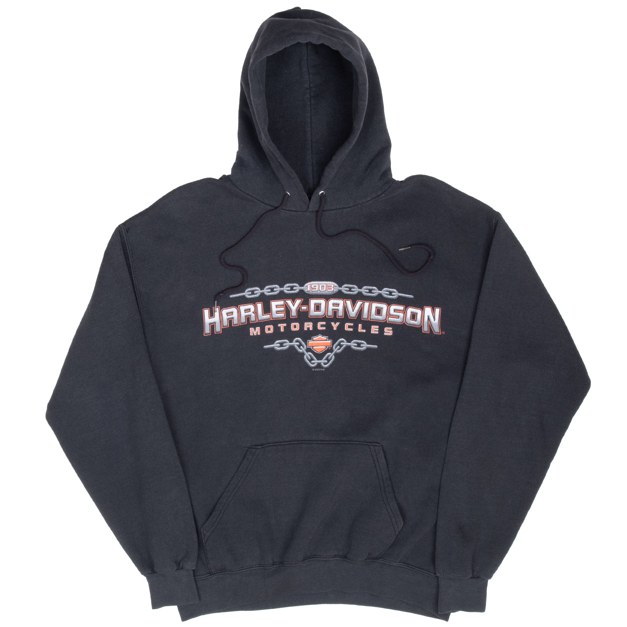 Front view of black Harley-Davidson pullover hoodie with chest graphic and kangaroo pocket