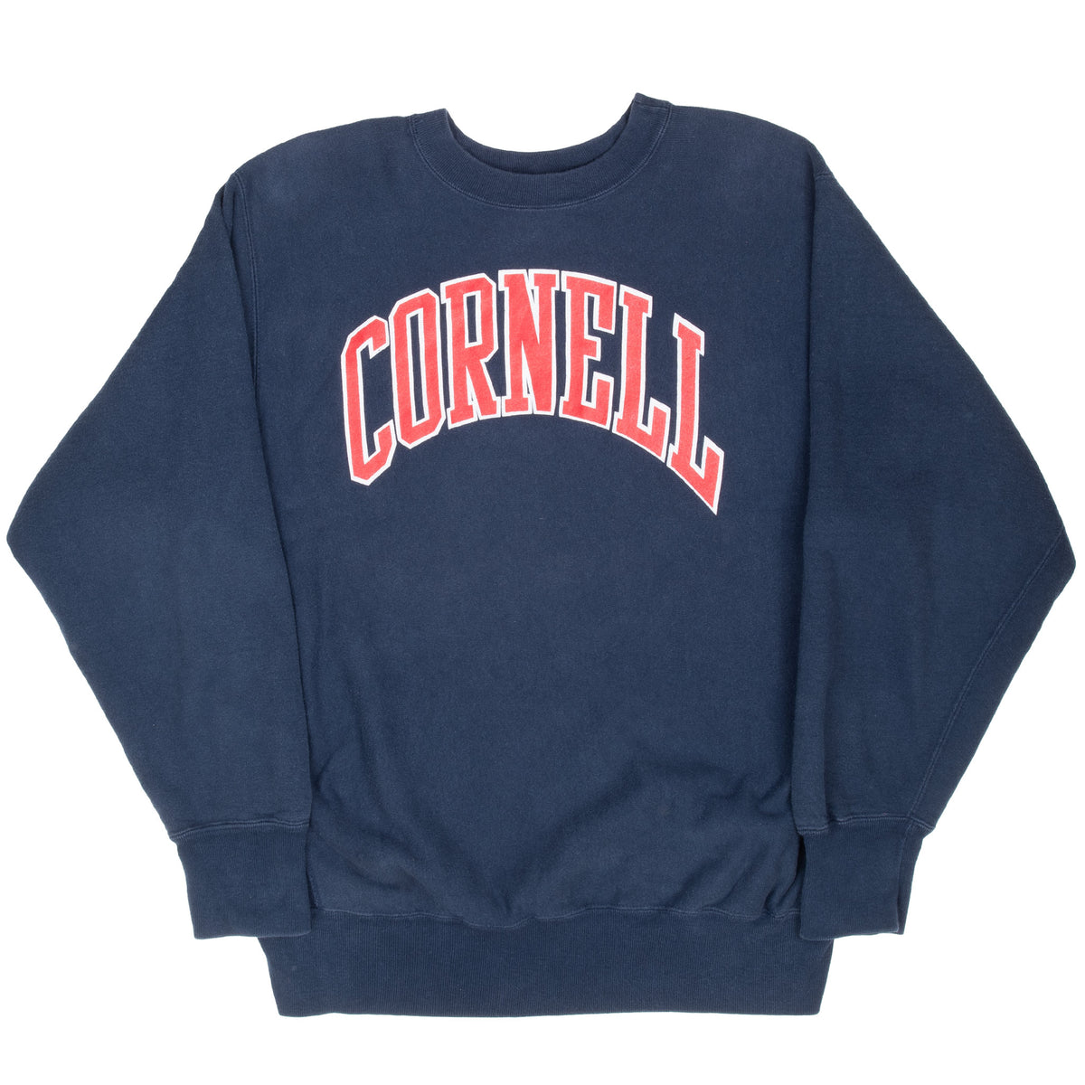 Full front view of navy Champion sweatshirt with arched Cornell lettering