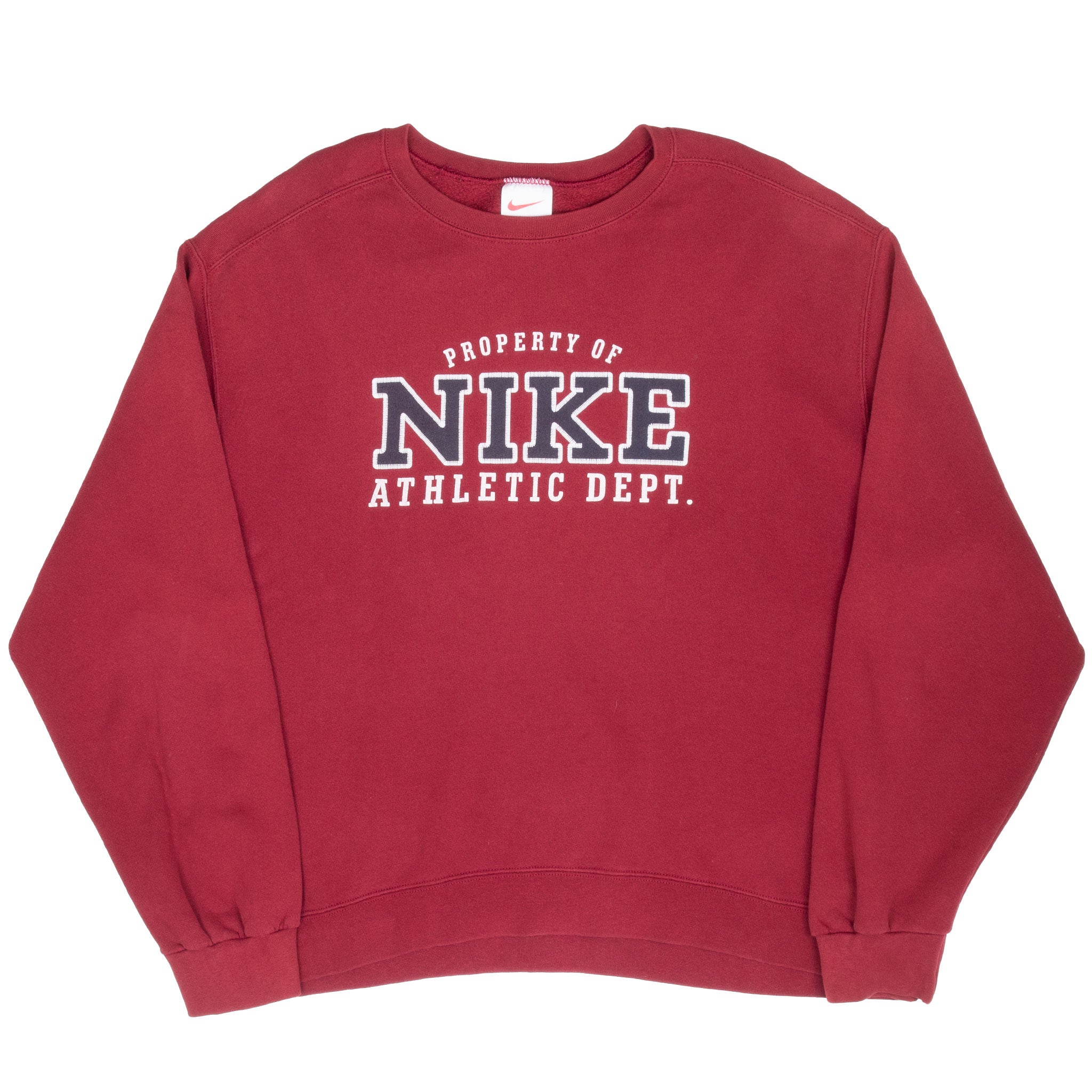 Full front view of burgundy Nike Athletic Dept. crewneck sweatshirt