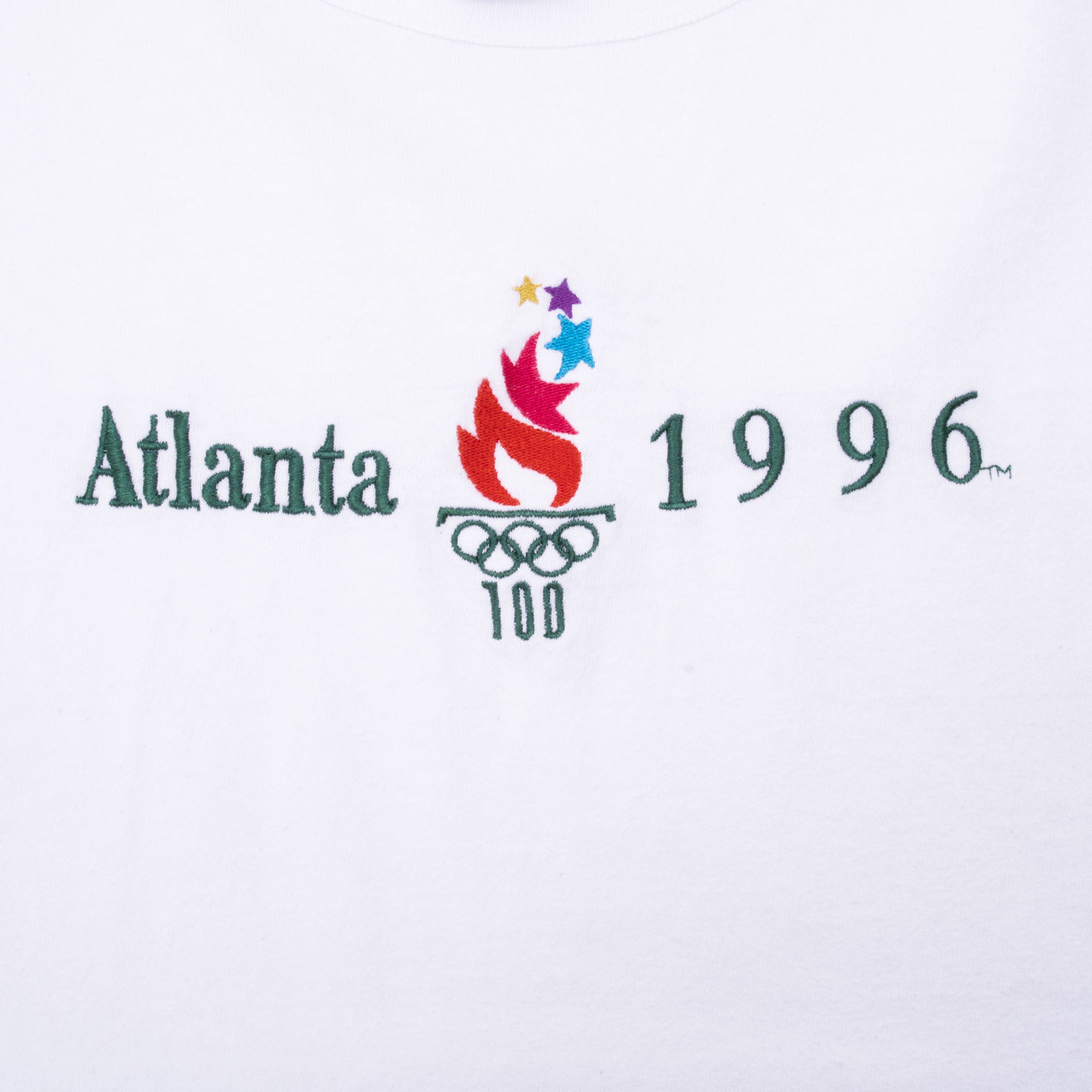 Vintage Champion Atlanta Olympics 1996 White Tee Shirt Size 2XL Made In Usa With Single Stitch Sleeves