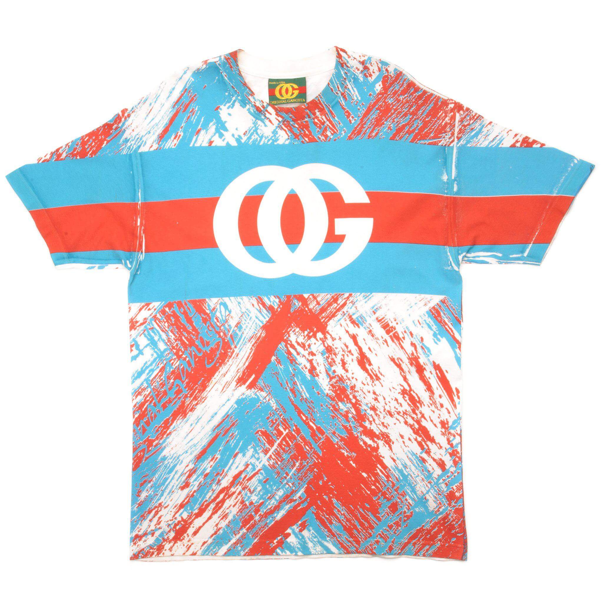 Front of Original Gangsta T-shirt with white OG logo and red, blue, and white brushstroke print