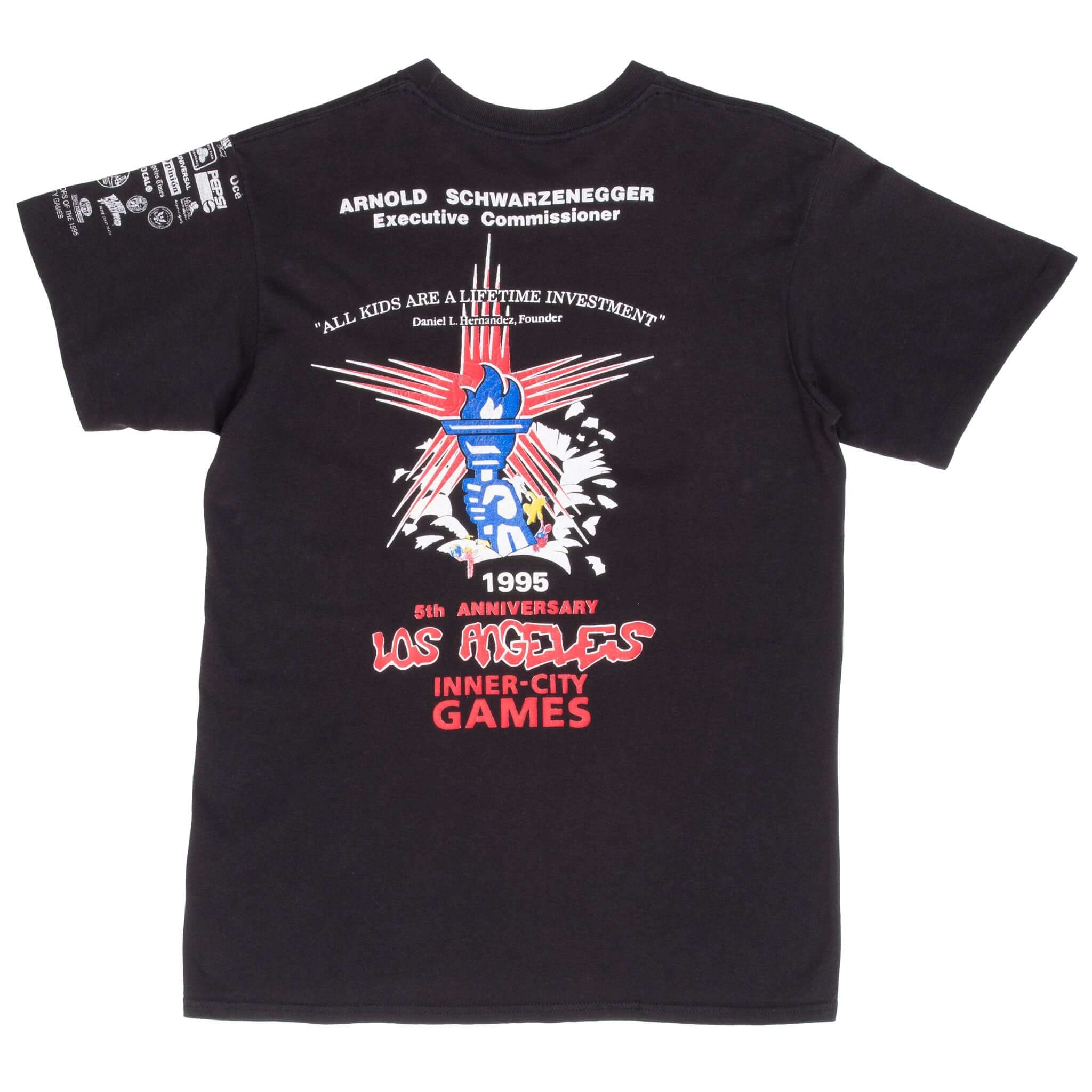 Vintage Nike Play Los Angeles Inner City Games 1995 Arnold Schwarzenegger Black Tee Shirt Size Medium With Single Stitch Sleeves