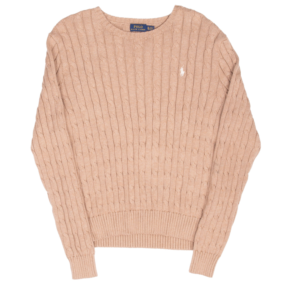 Front of light brown Polo Ralph Lauren cable-knit women's sweater with embroidered pony