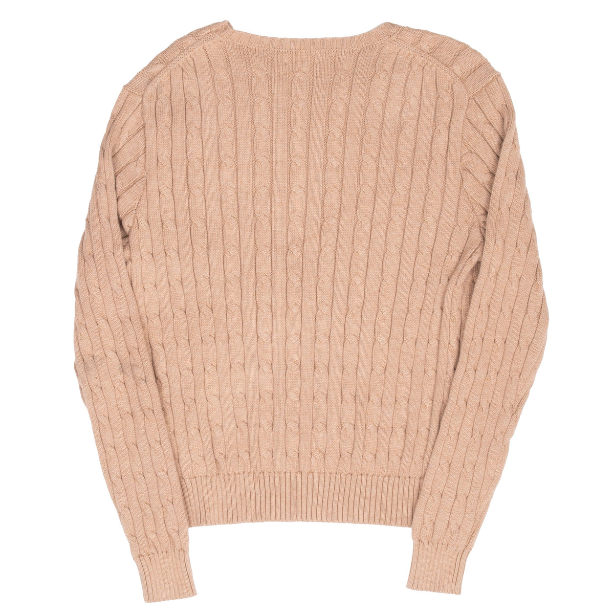 Back of light brown Polo Ralph Lauren cable-knit women's sweater