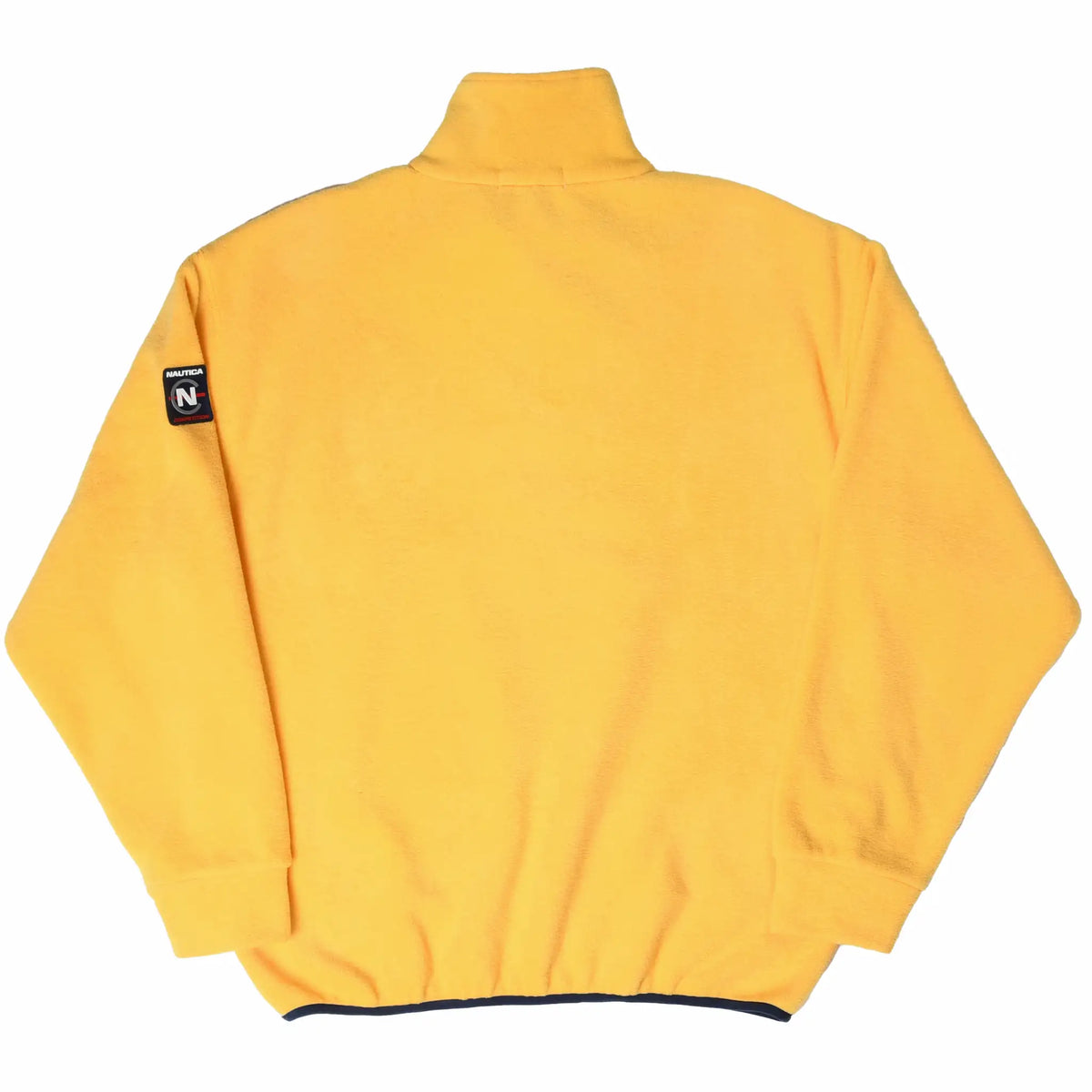 Back of yellow Nautica Competition fleece pullover with navy hem trim