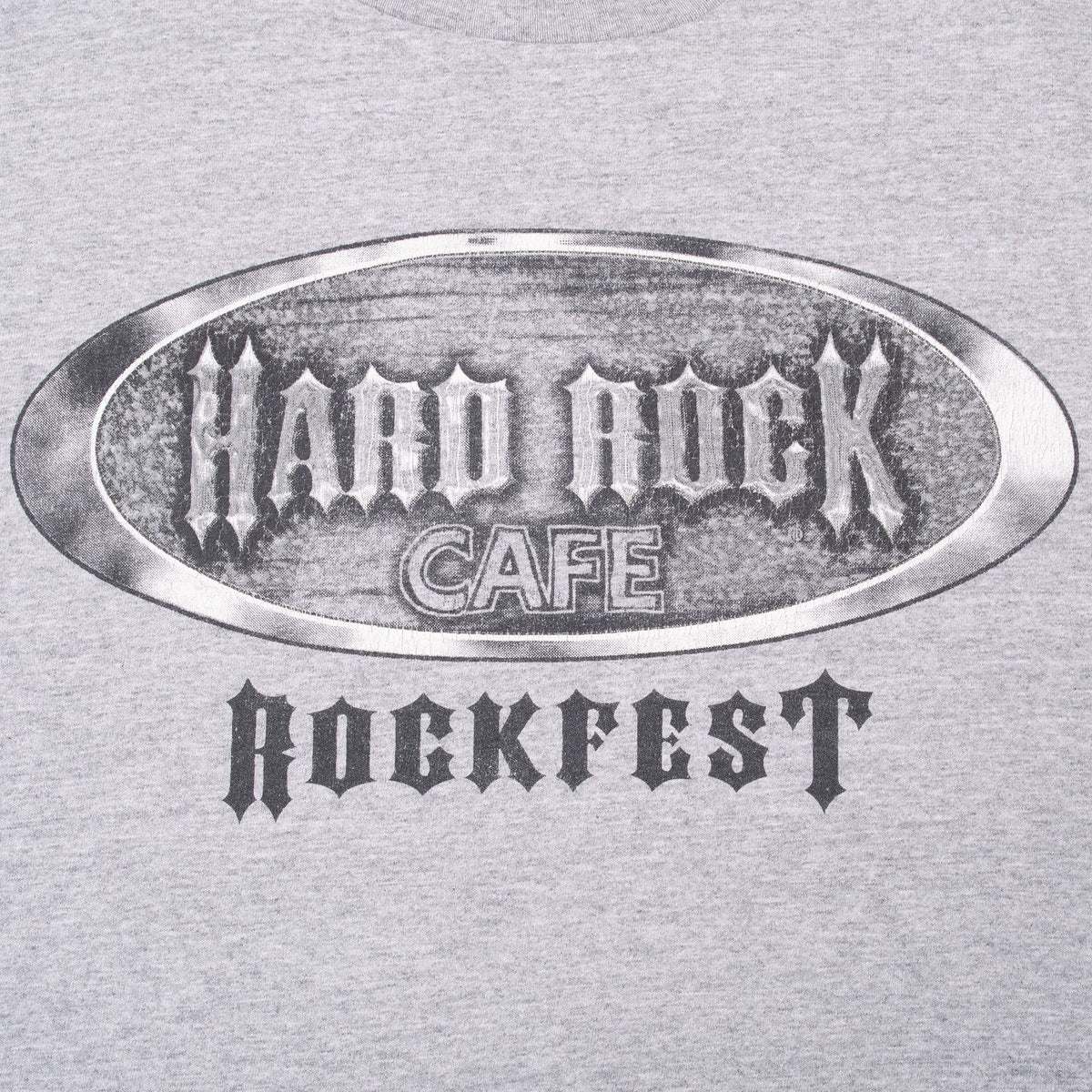 Close-up of monochrome Hard Rock Cafe oval logo and Rockfest front graphic