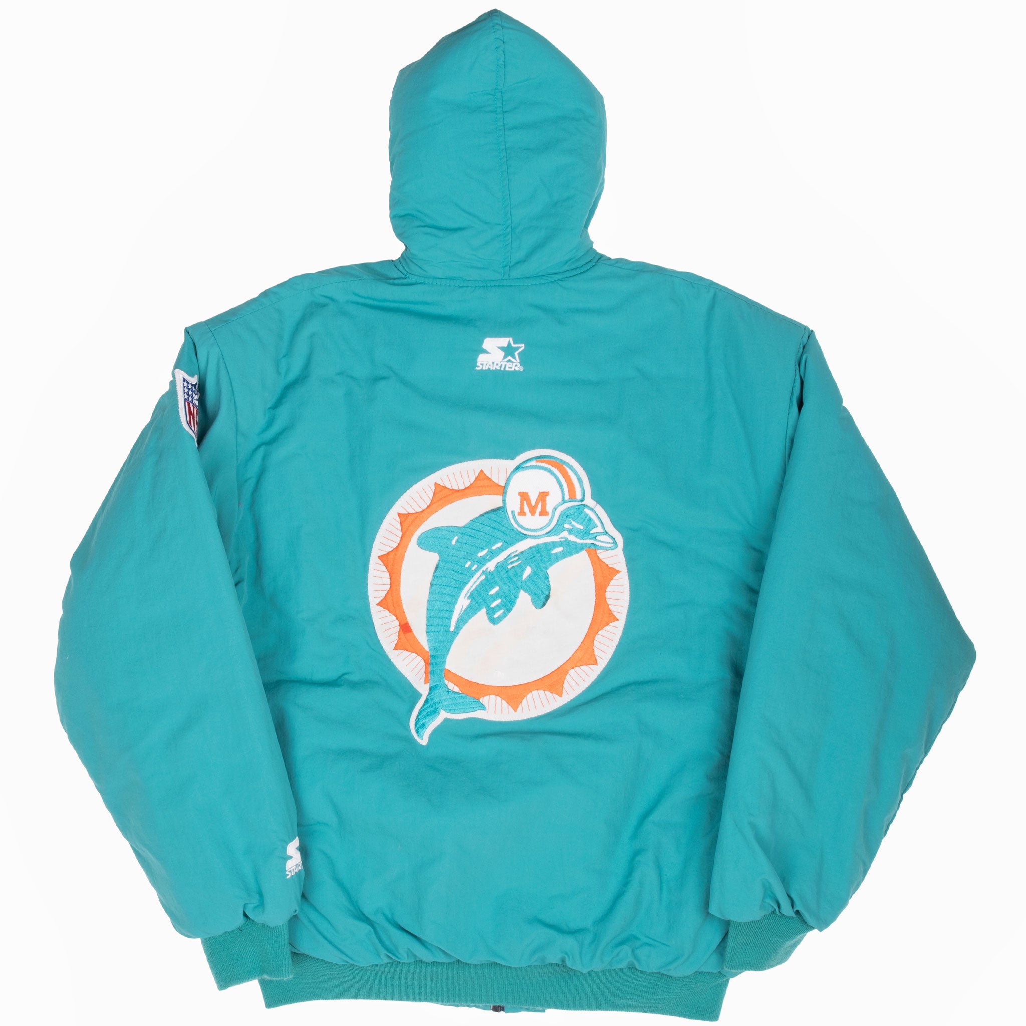 Vintage Nfl Miami Dolphin Hooded Windbreaker Starter Jacket 1990S Size Large Made In USA