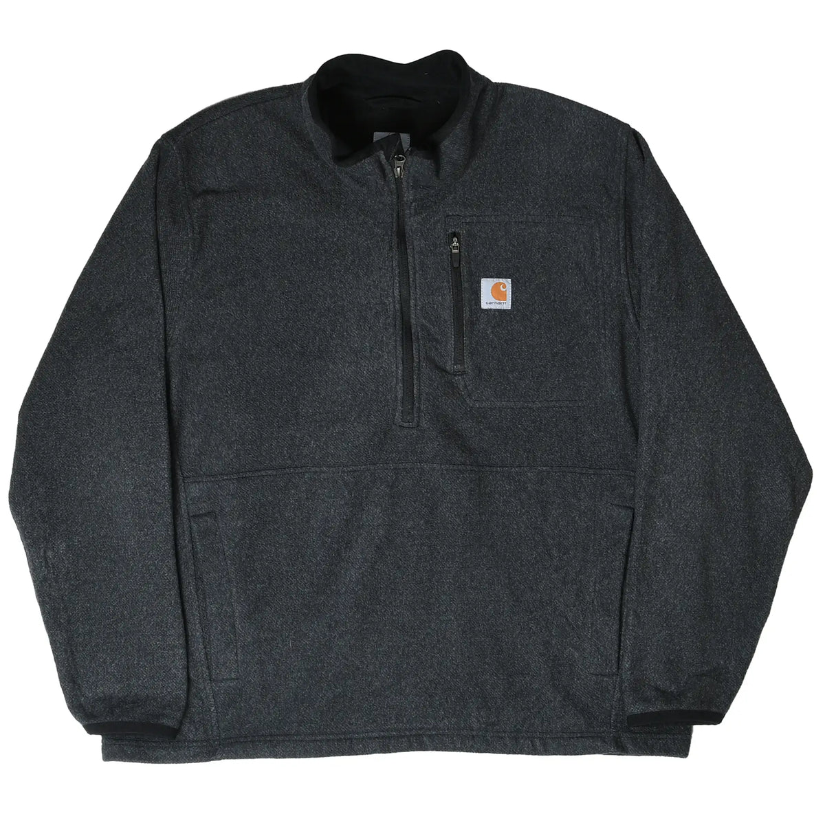 Full front view of dark grey Carhartt quarter-zip fleece jacket with two side pockets