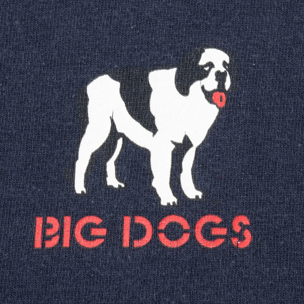 Close-up of white dog and red Big Dogs logo printed on left chest