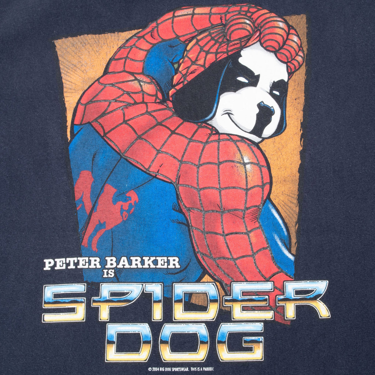 Close-up of Peter Barker in a red-and-blue spider costume with Spider Dog lettering