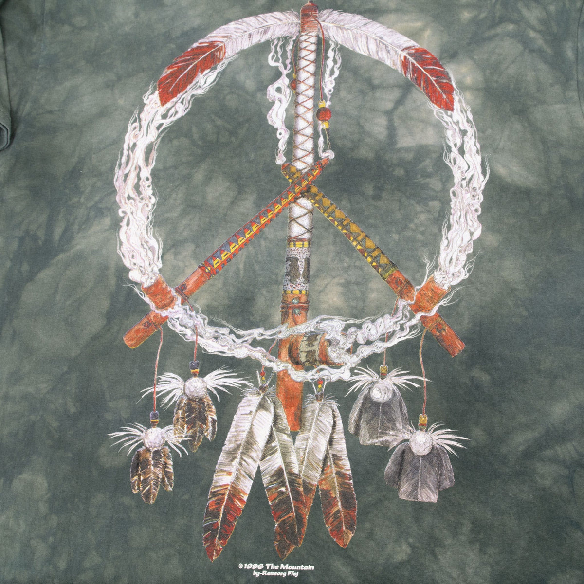 Dream catcher peace symbol print with feathers, beads and wrapped sticks