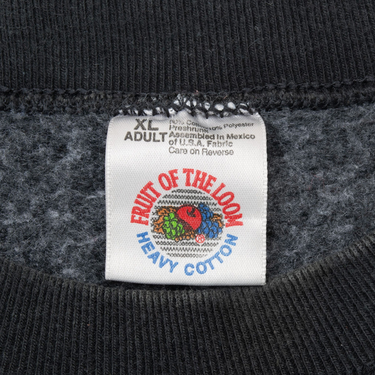 Fruit of the Loom XL Adult collar tag inside black sweatshirt