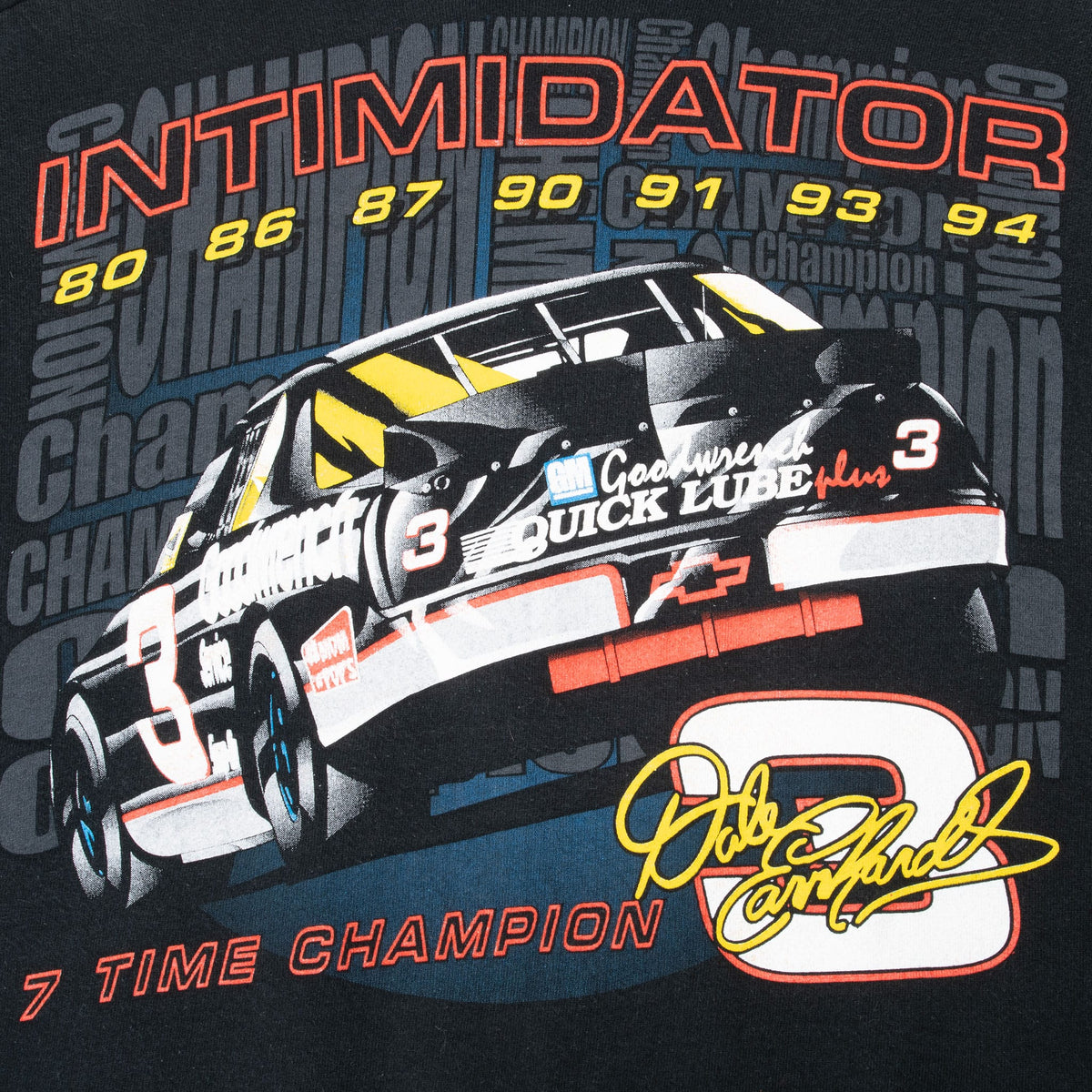 Close-up of back graphic with Dale Earnhardt No. 3 car and seven championship years