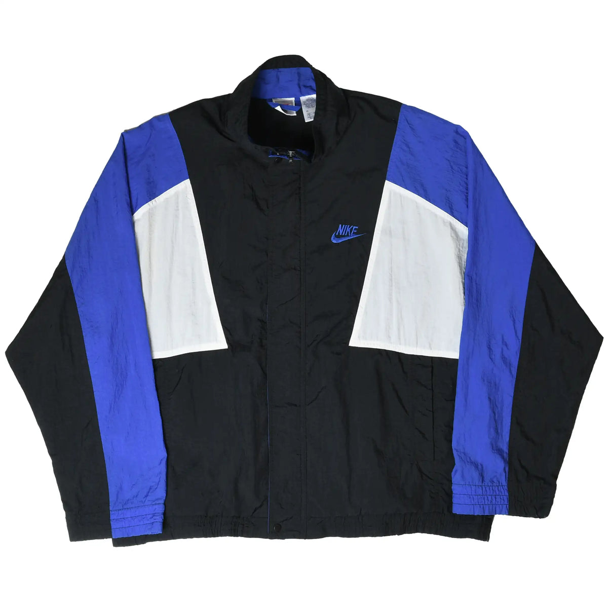 Full front of black Nike windbreaker with blue sleeves, white panels, and embroidered chest logo