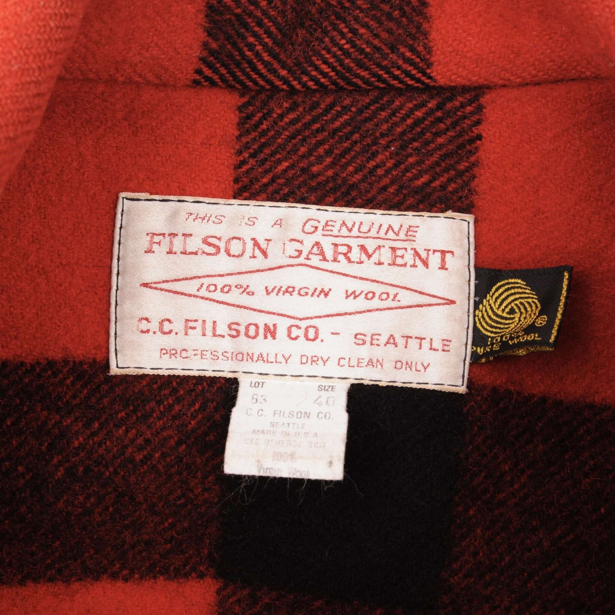 Vintage Original CC Filson Co Seattle Wool Double Mackinaw Cruiser Red And Black Plaid Size 40 Made In USA