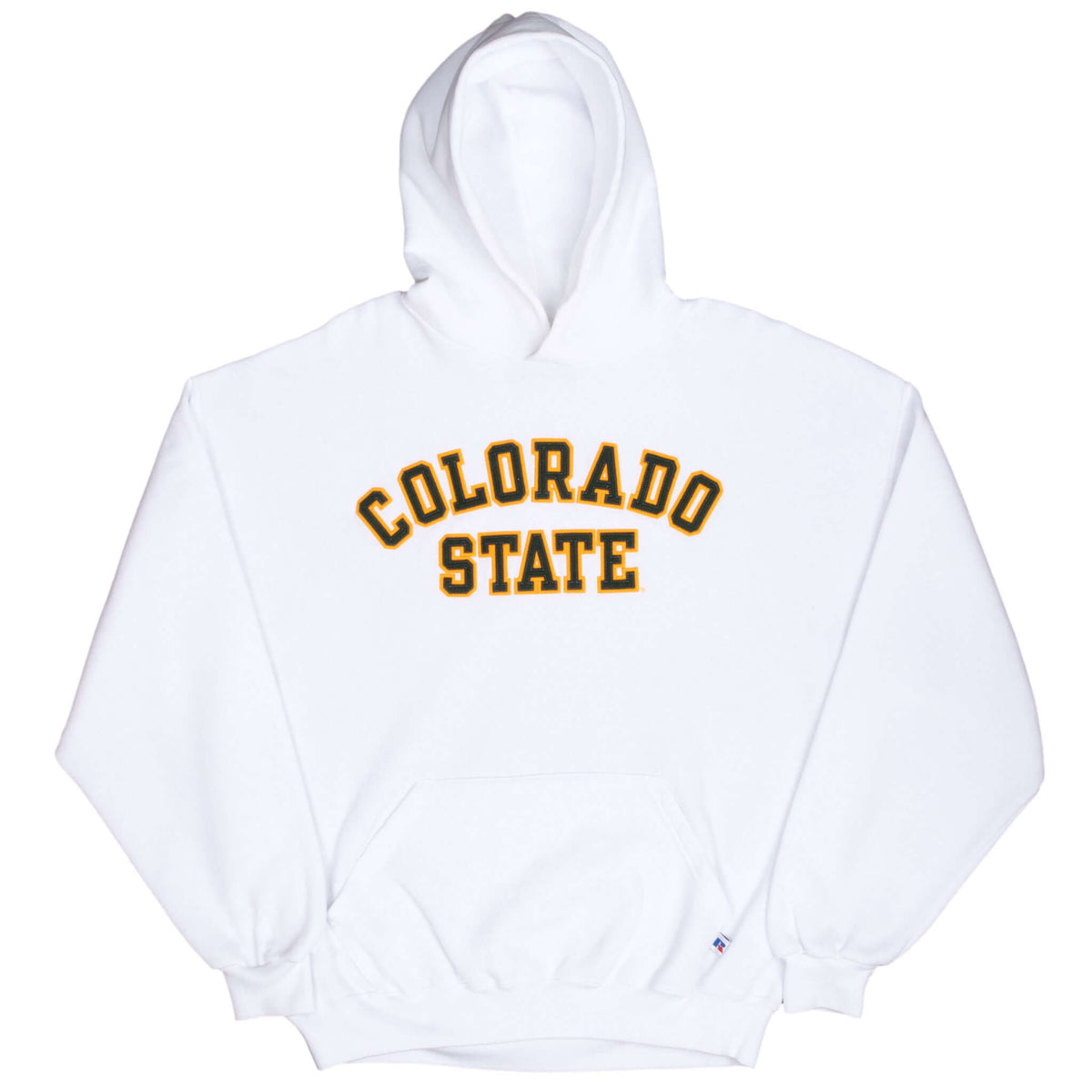 Front view of white Colorado State hoodie with arched green and gold lettering
