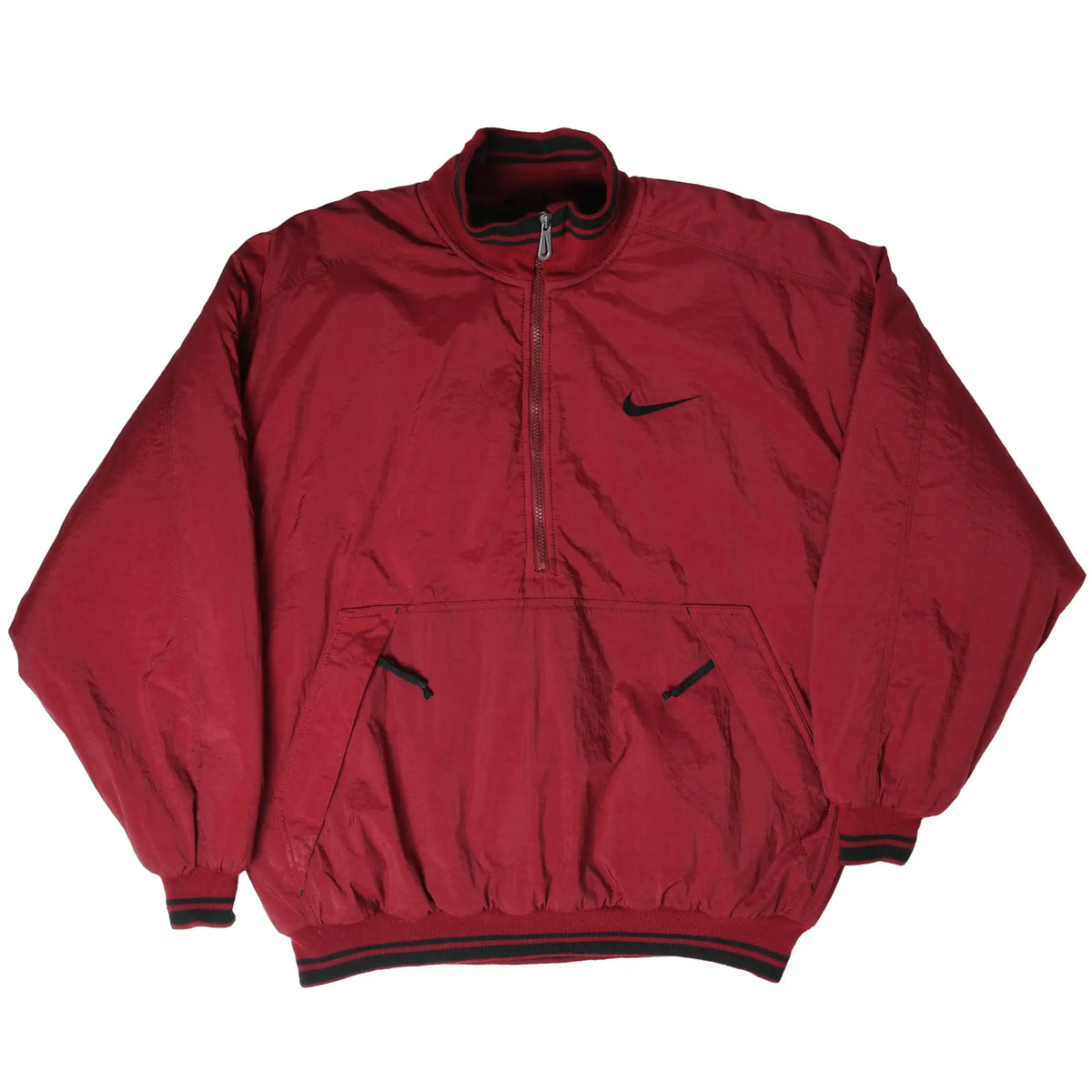 Full front view of burgundy Nike pullover windbreaker with half zip and striped trim