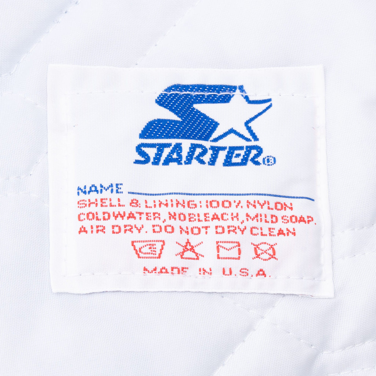 Starter care label with nylon shell and polyester fill details